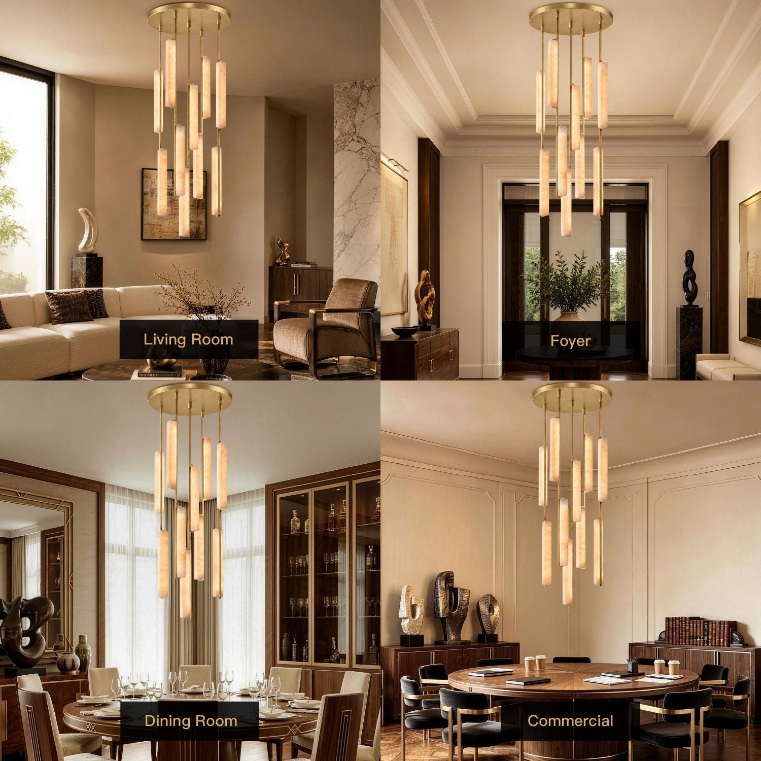 Stamen Modern Minimalist Alabaster Vertical Chandelier in 4 home/commercial scenes: Living Room (beige sofa), Foyer (entryway with art), Dining Room (wooden table), Commercial (conference room)