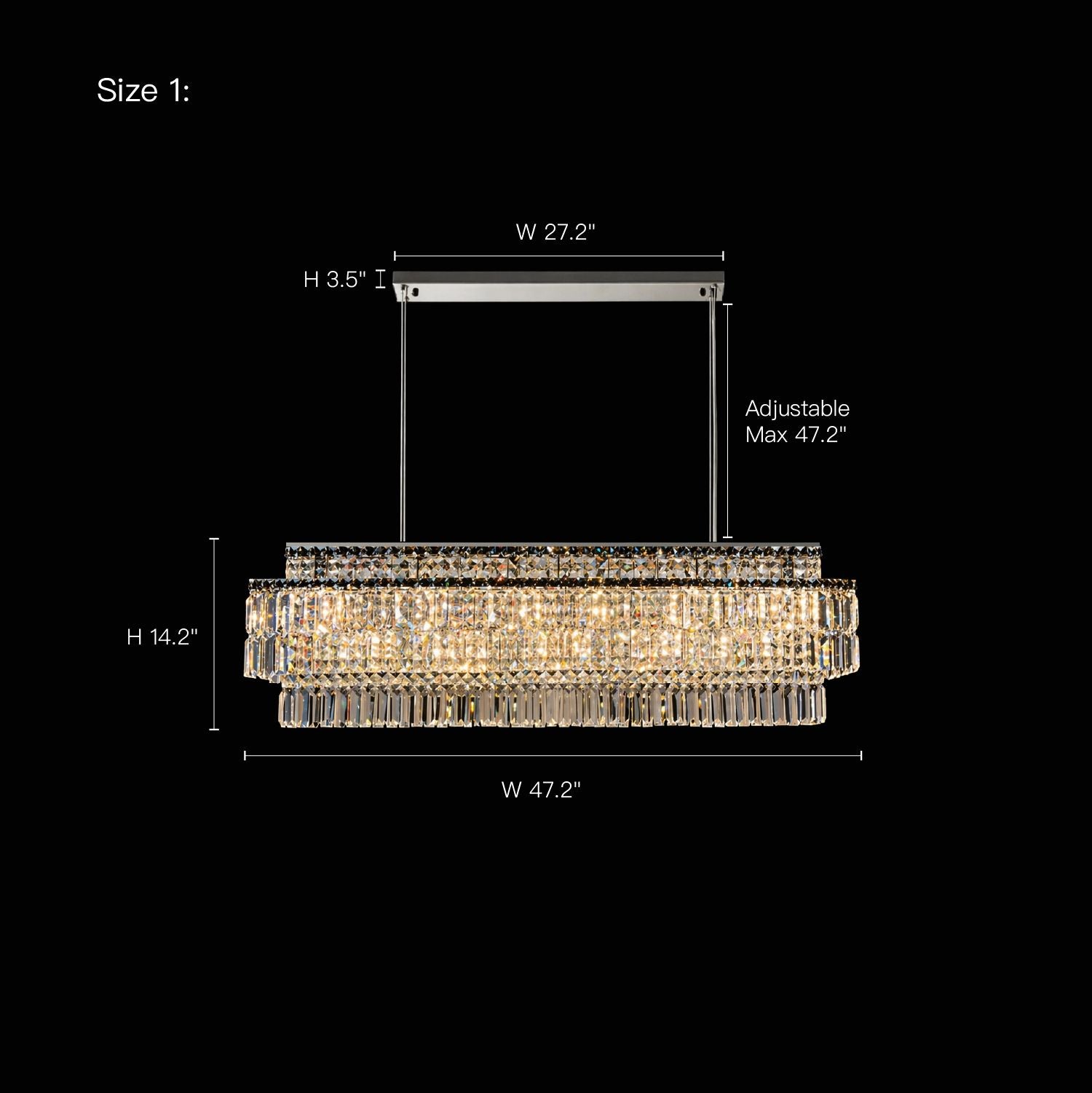 Stellar Grand Linear Silver Multi-Faceted K9 Crystal Chandelier size details: Height 14.2", Width 47.2", (black background with precise measurements) | Sofary Lighting