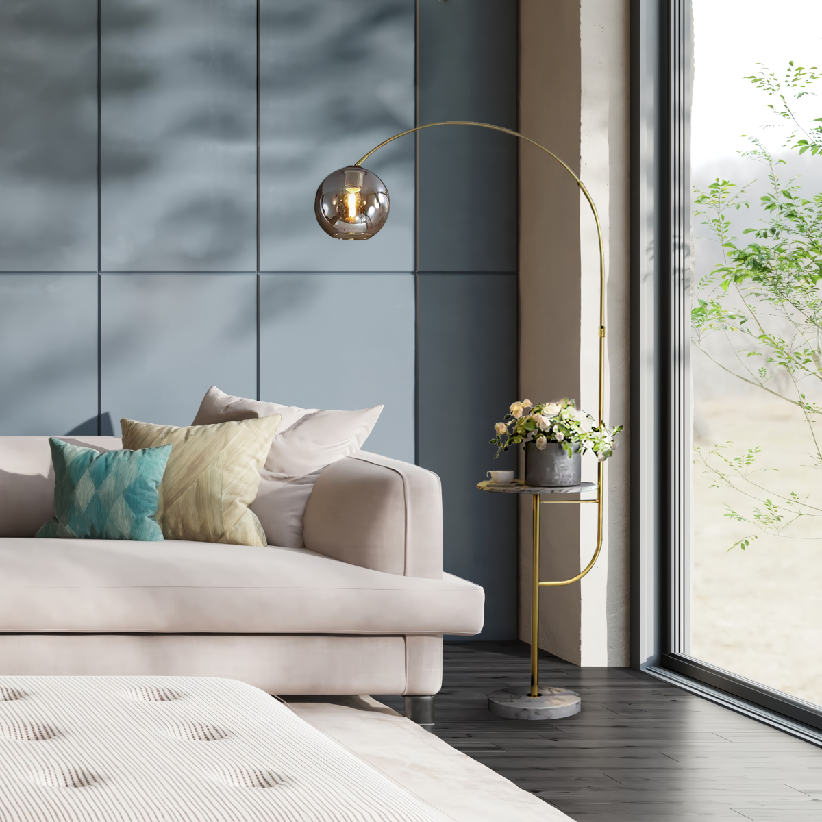 Swivel Dome Shade Golden Floor Lamp with Marble Table -Sofa | Sofary
