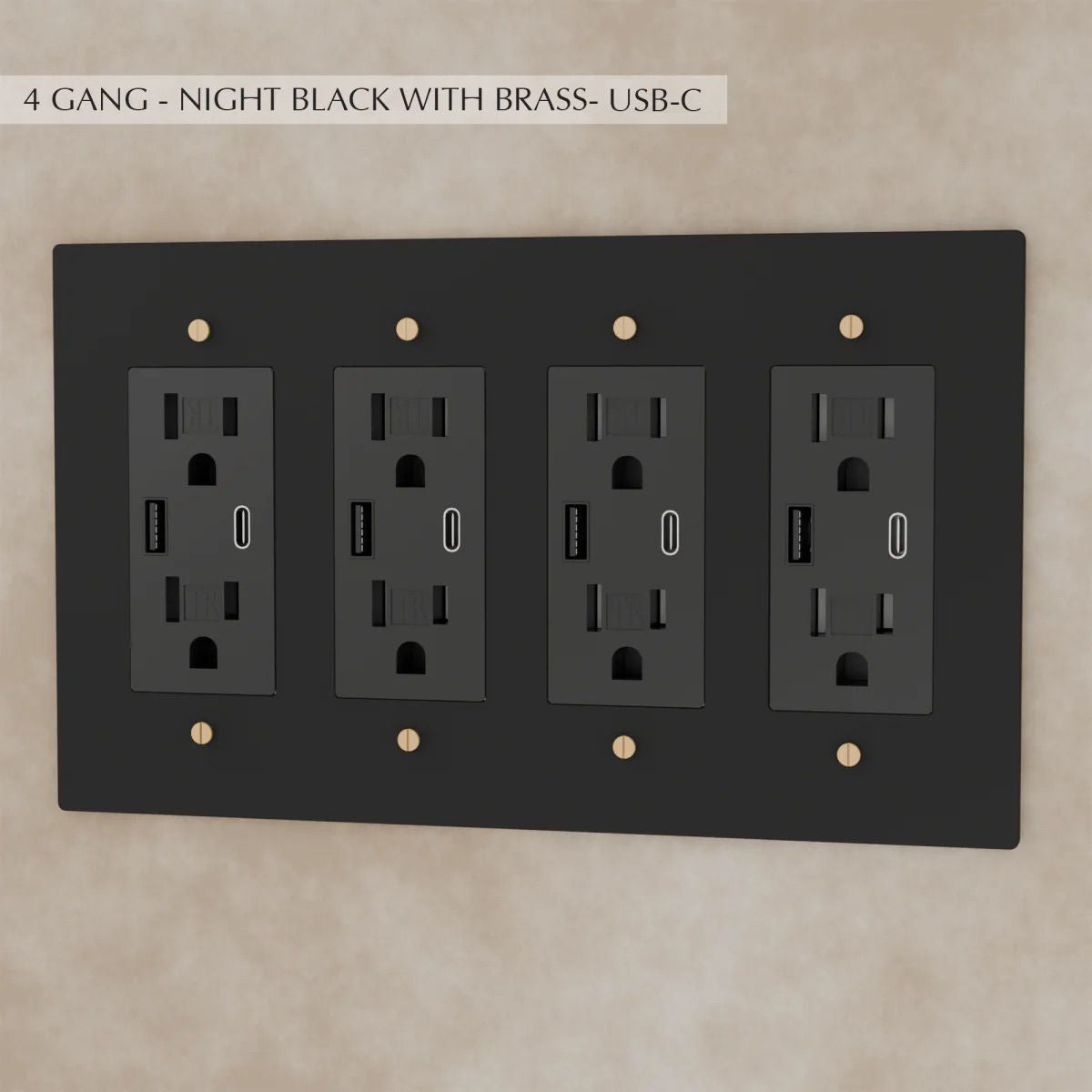 the-brass-outlet-night-black-with-brass-usb-4-gang | Sofary Lighting