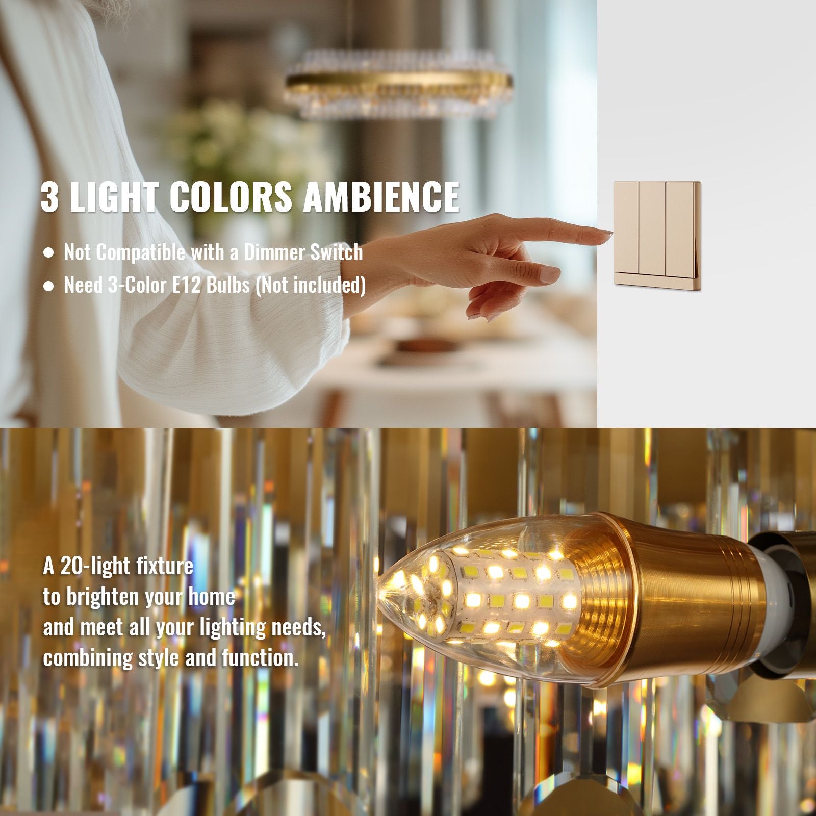 Valence Chandelier 3 light color ambience — 2700K/4500K/6000K options with 20-light E12 bulb configuration (bulbs not included), not compatible with standard dimmer switch | Sofary Lighting