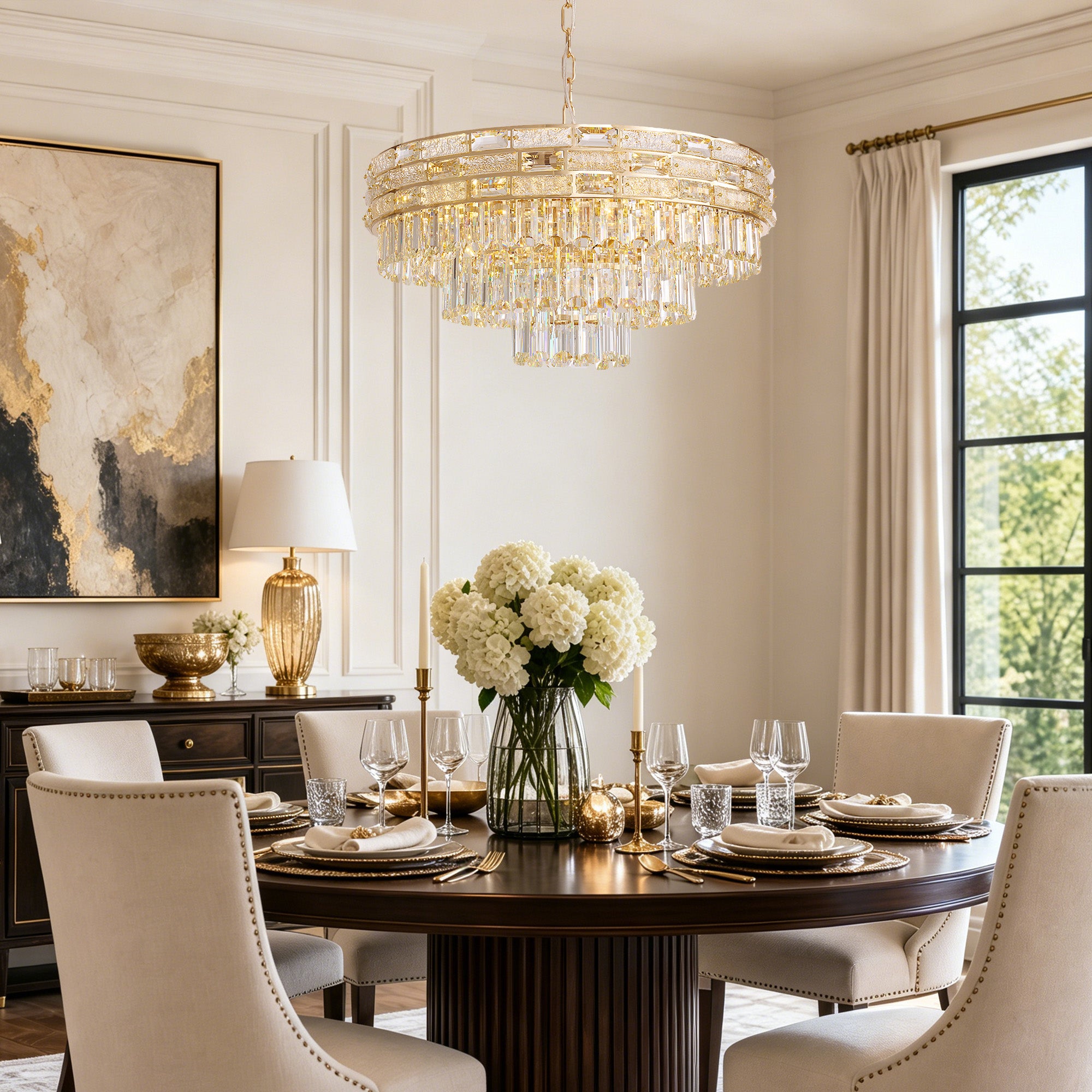 valencia-modern-luxury-gold-crystal-tiered-drum-chandelier-dining-room-two-sofary-lighting