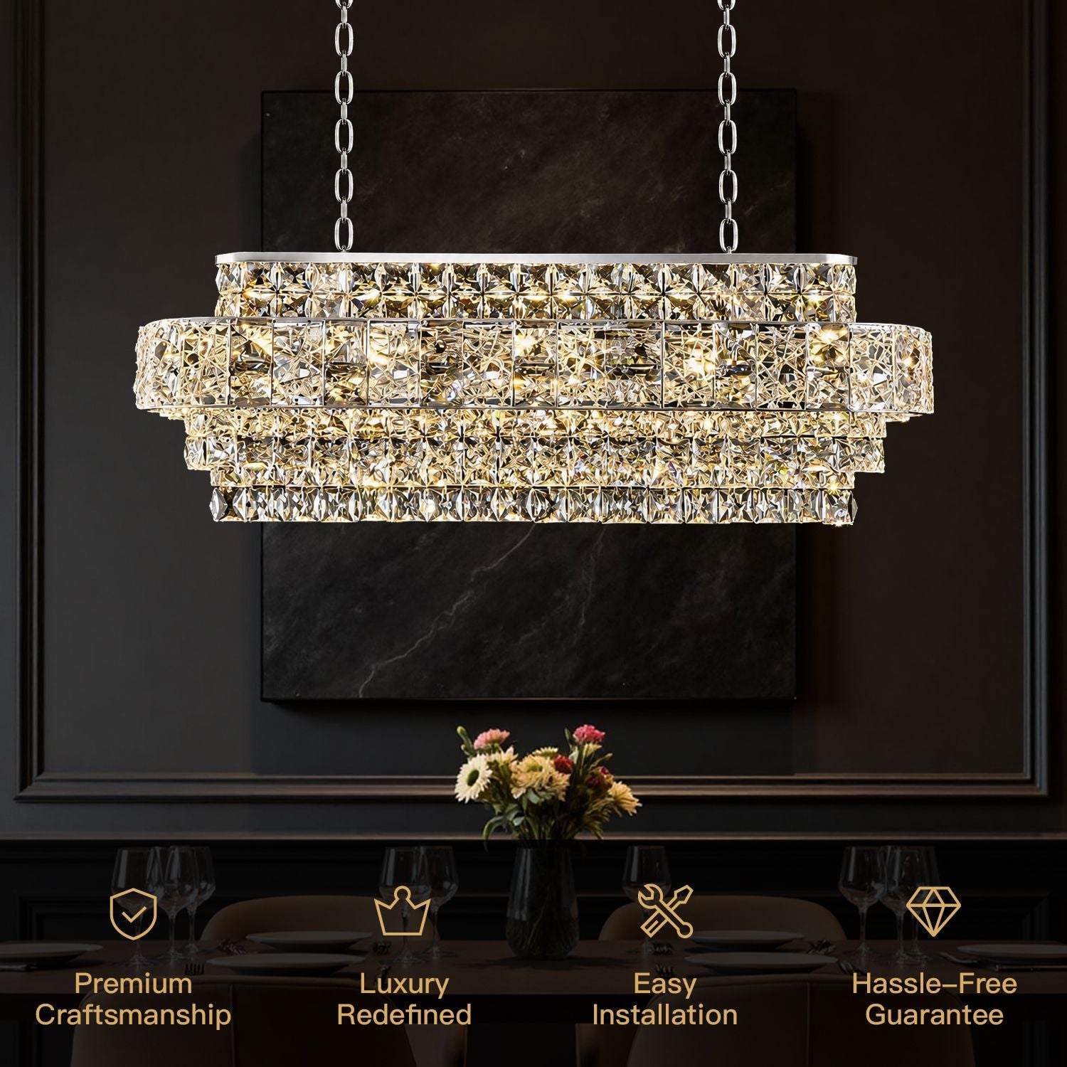 Valeria Linear Luxury K9 Crystal Chandelier key features: Premium Craftsmanship, Luxury Redefined, Easy Installation, Hassle-Free Guarantee — displayed over a dining table with a small floral arrangement