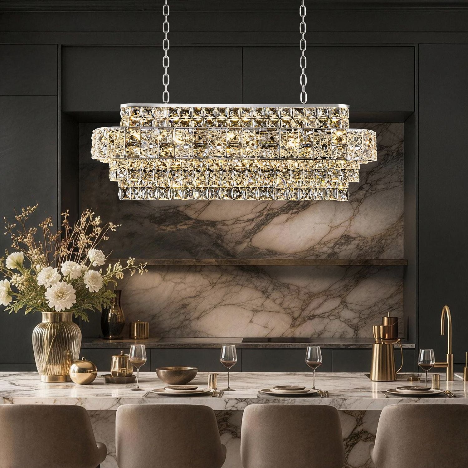 Valeria Linear Luxury K9 Crystal Chandelier in a kitchen — hanging above a marble kitchen island with stylish bar stools, a golden vase with flowers, and modern kitchen decor