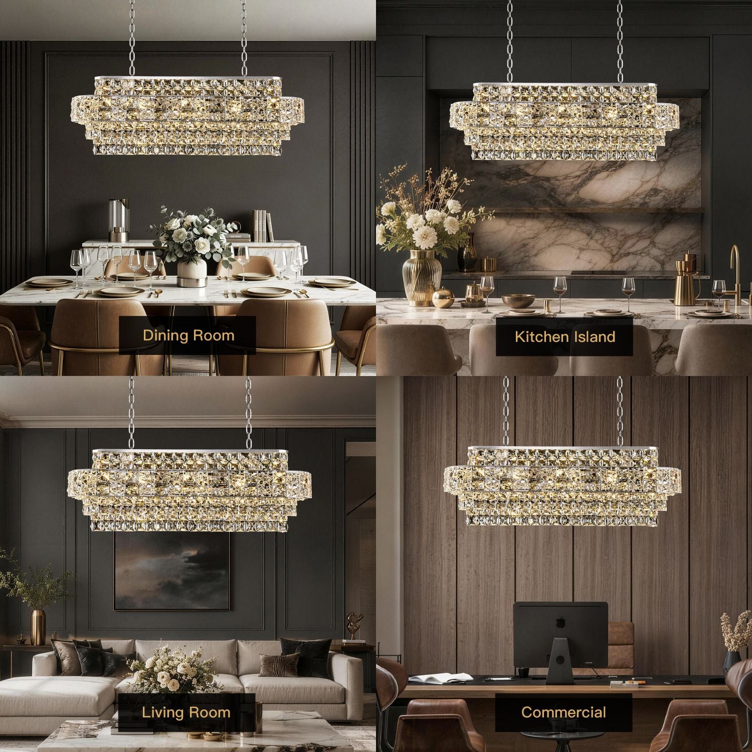 Valeria Linear Luxury K9 Crystal Chandelier in 4 home and commercial scenes: Dining Room (table setting), Kitchen Island (marble countertop), Living Room (sofa and coffee table), Commercial (office desk)