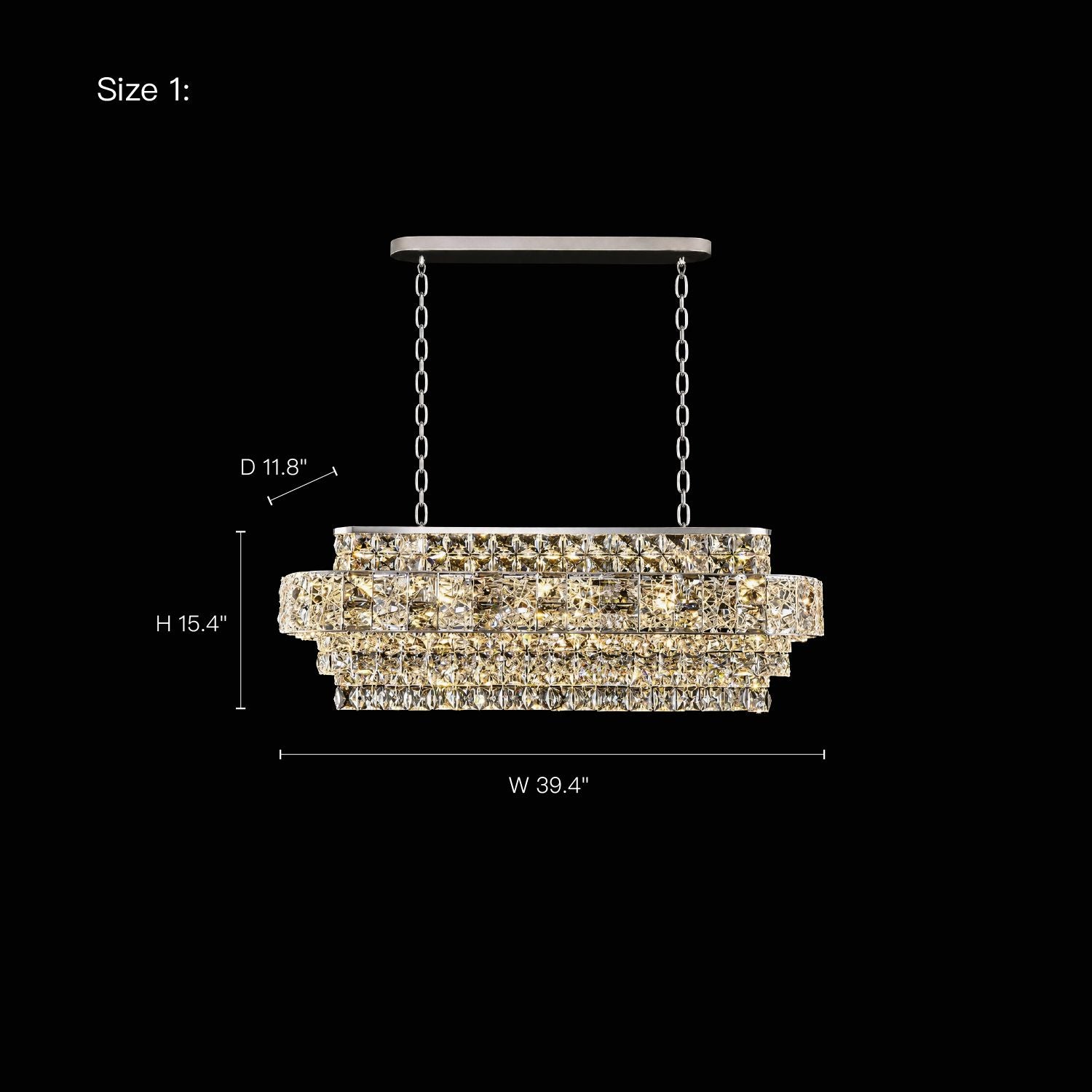 Valeria Linear Luxury K9 Crystal Chandelier Size 1 technical drawing — showing dimensions: Height 15.4", Width 39.4", Depth 11.8"