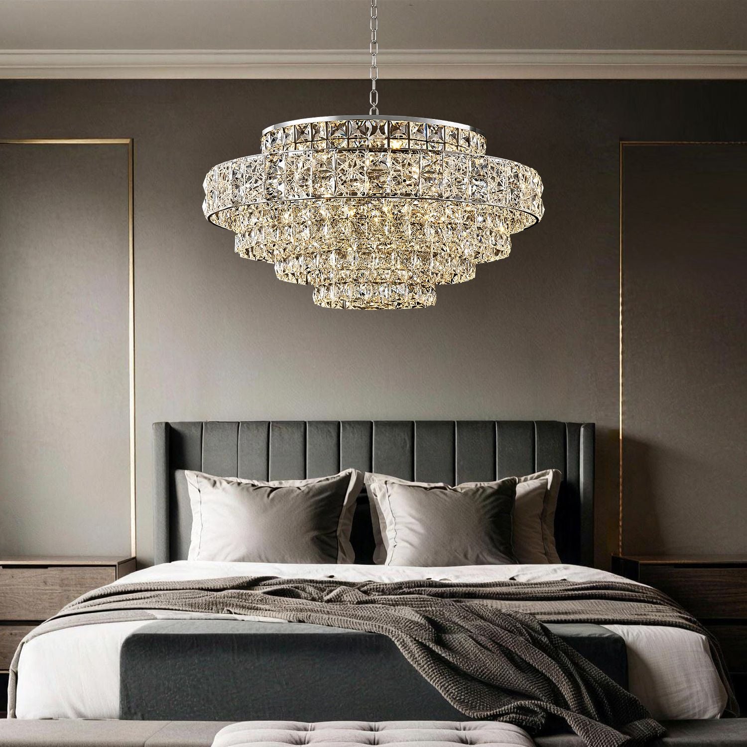 Valeria Luxury Chrome K9 Crystal Wave Chandelier in a bedroom — mounted above a dark green upholstered bed with elegant nightstands and soft ambient lighting | Sofary Lighting