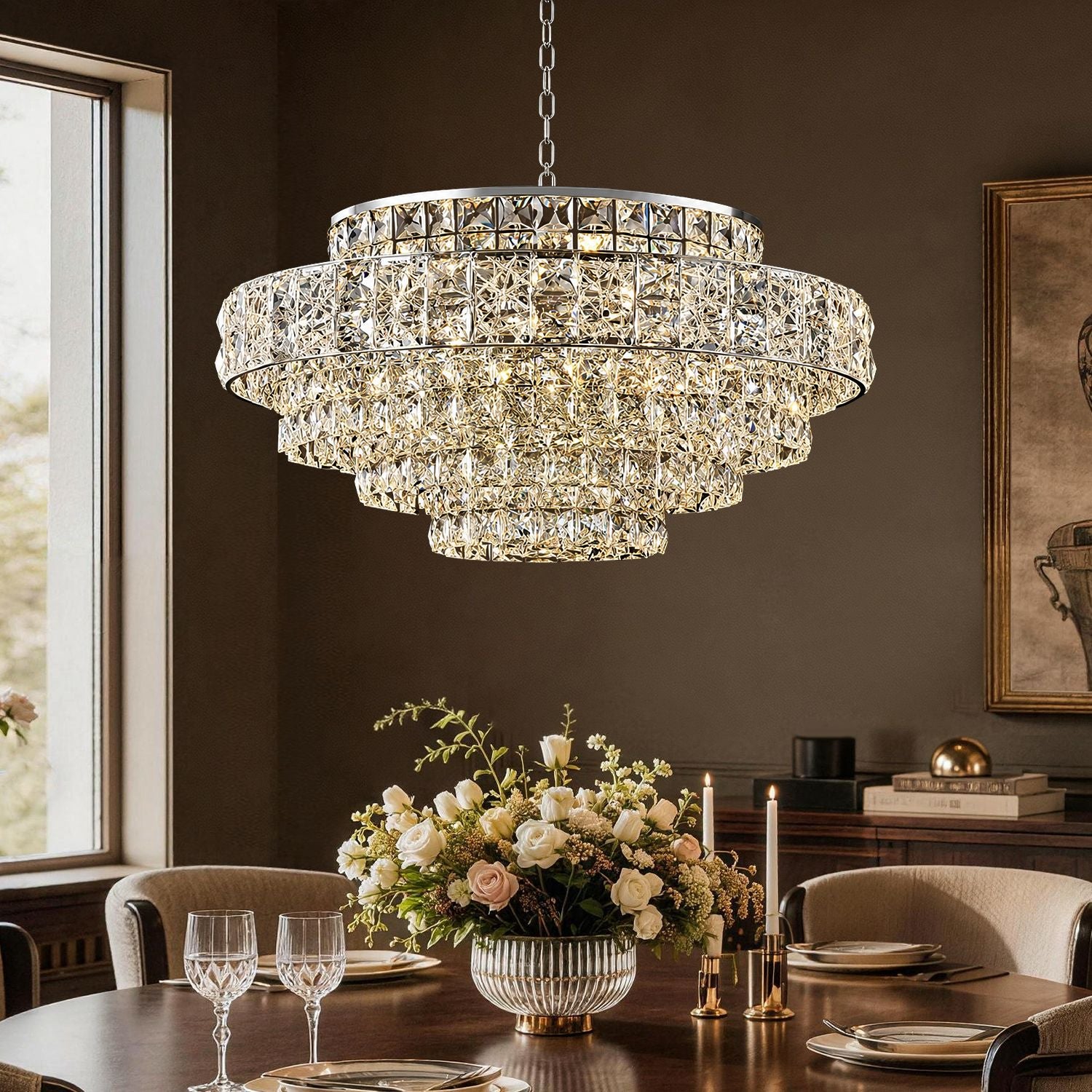 Valeria Luxury Chrome K9 Crystal Wave Chandelier in a dining room — illuminating a round wooden table set with fine china, wine glasses, and a large bouquet of white and pink roses in a gold vase | Sofary Lighting