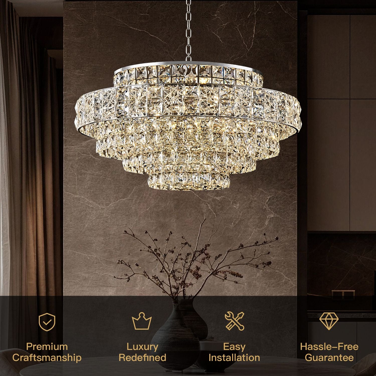 Valeria Luxury Chrome K9 Crystal Wave Chandelier key features: Premium Craftsmanship, Luxury Redefined, Easy Installation, Hassle-Free Guarantee — displayed over a dining setting with a vase of pink flowers | Sofary Lighting