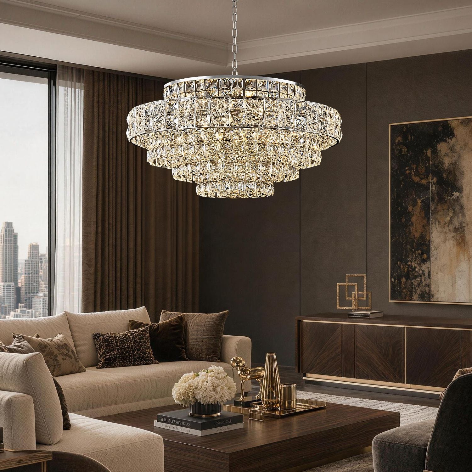 Valeria Luxury Chrome K9 Crystal Wave Chandelier in a living room — hanging above a light-colored sofa with decorative pillows, a dark wood coffee table, and modern wall art | Sofary Lighting