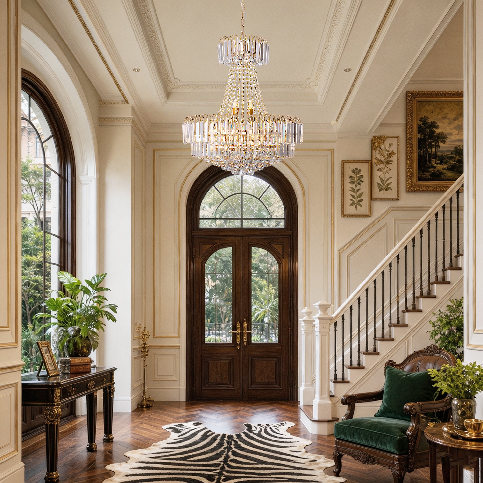 Valerisse gold crystal tiered empire chandelier in an entryway with stairs