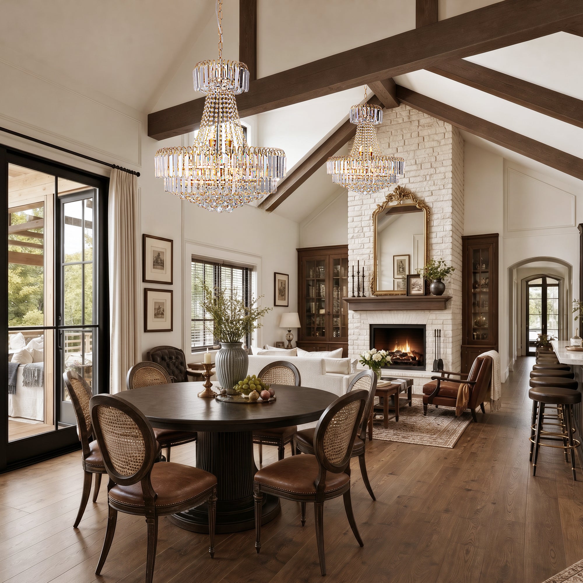 Valerisse gold crystal tiered empire chandelier in an open-concept dining room