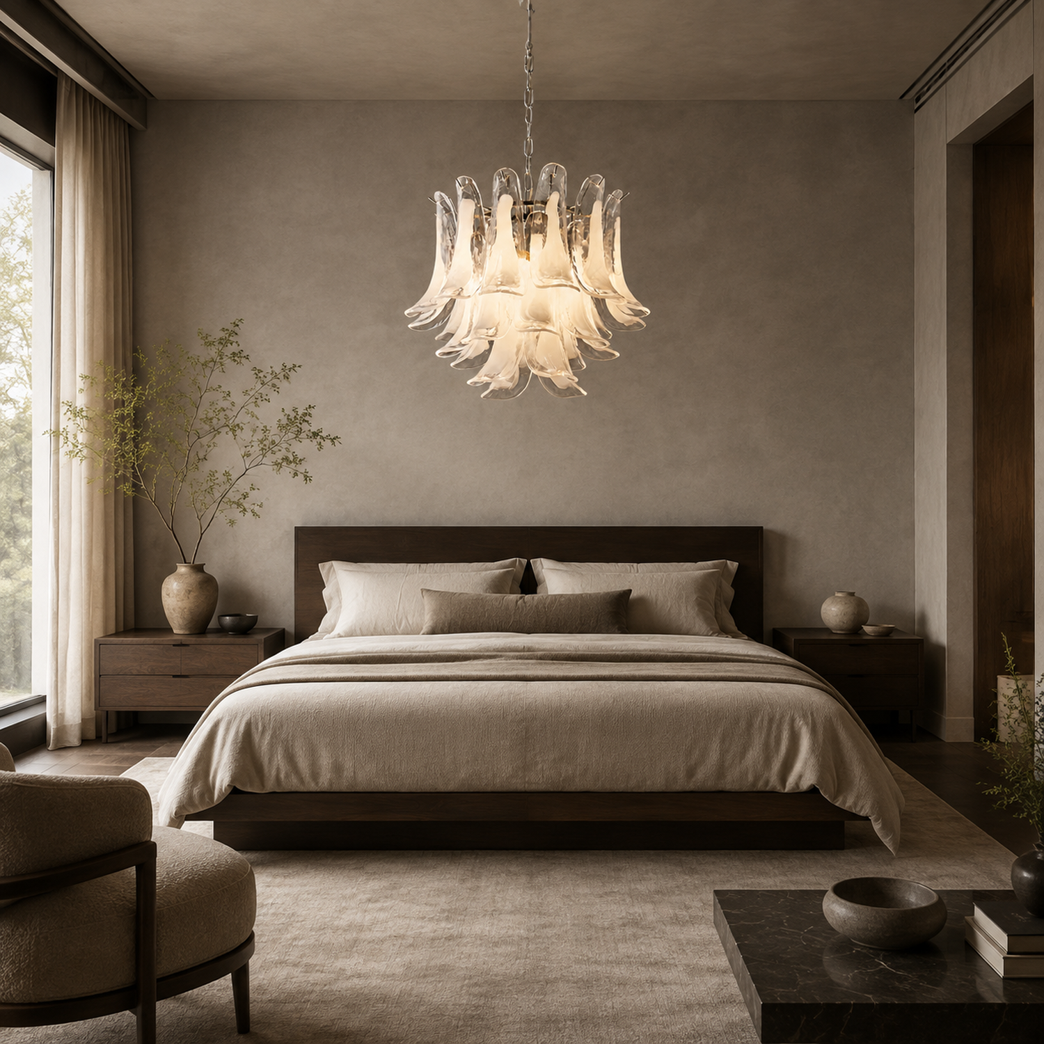 Veloria glass petal chandelier in a warm bedroom