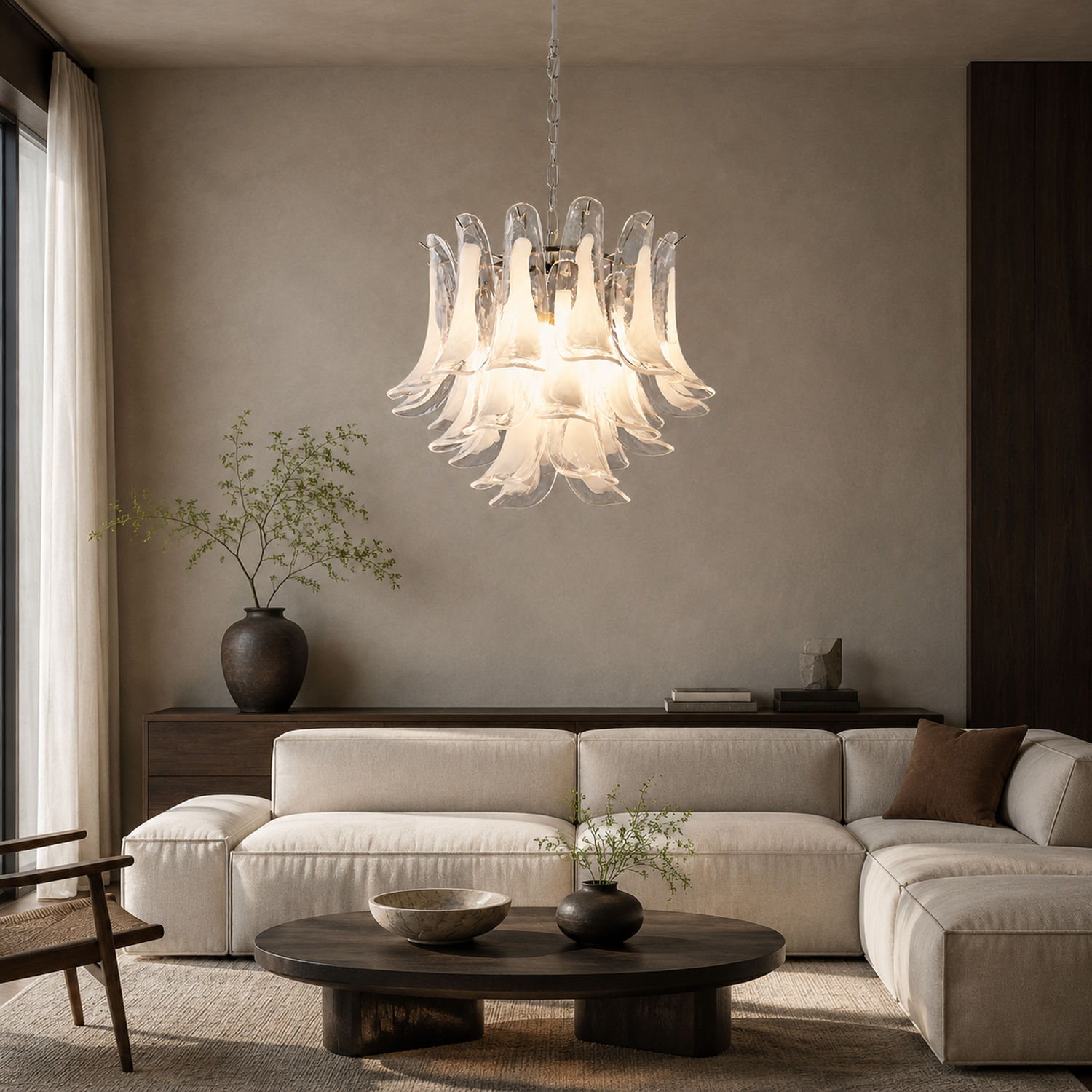 Veloria glass petal chandelier in a contemporary living room