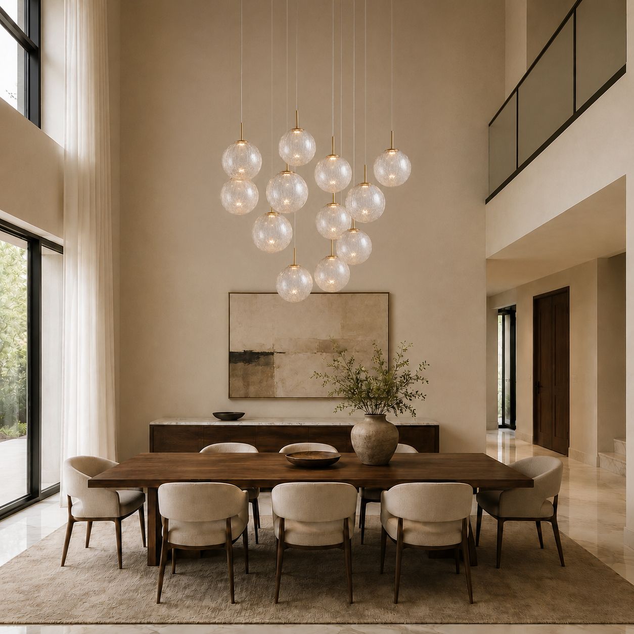 Veritas Chandelier centered over formal dining table — neutral linen chairs, textured rug, natural sunlight, sophisticated glow | Sofary Lighting
