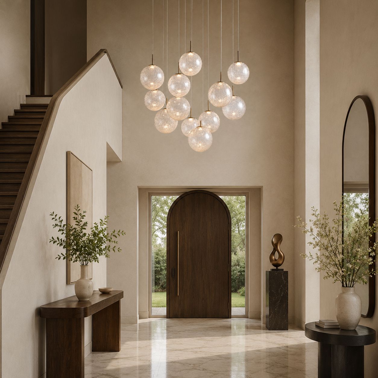 Veritas Chandelier in elegant foyer — arched wooden door, polished marble floor, textured wall art, warm welcome | Sofary Lighting