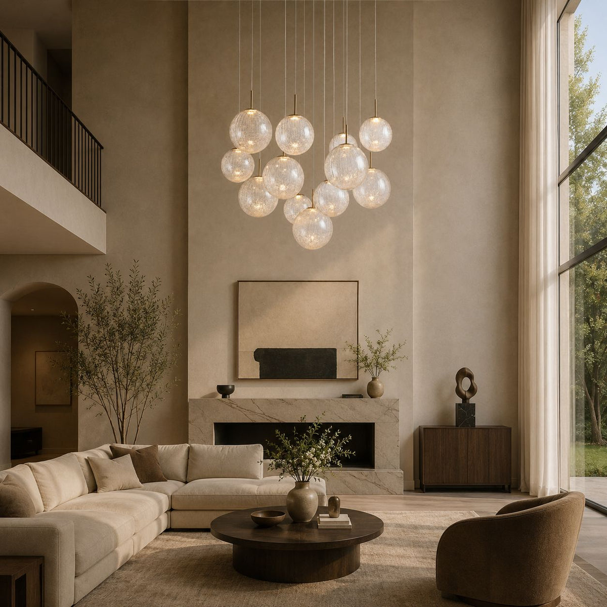 Veritas Chandelier above living room seating — beige L-sofa, wooden coffee table, large windows, cozy modern luxury | Sofary Lighting