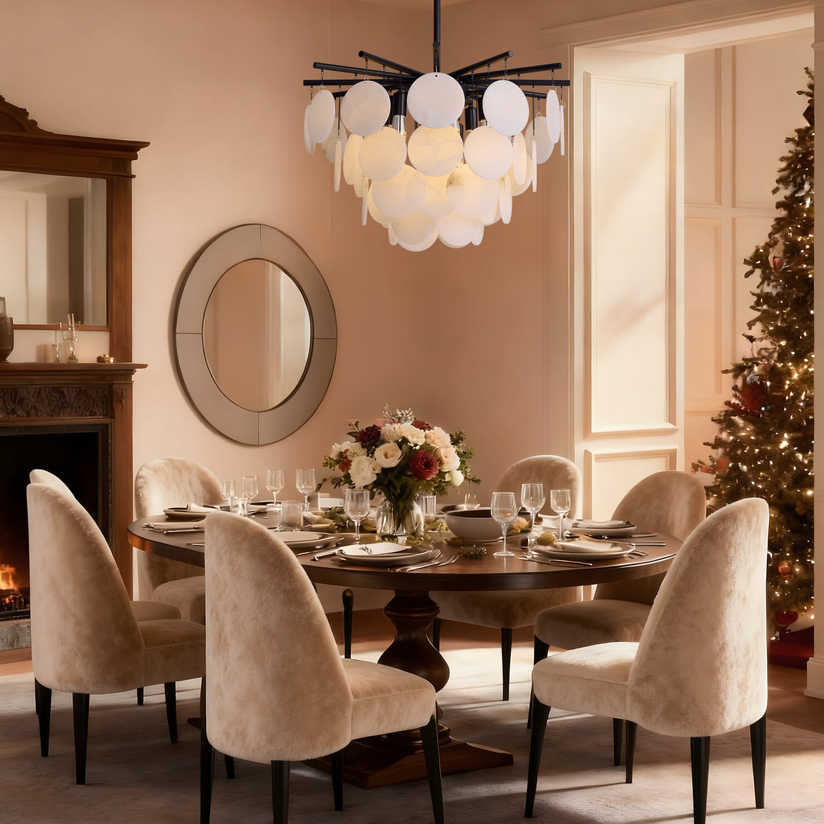 vessara-modern-organic-alabaster-disc-chandelier-dining-room-two-sofary-lighting
