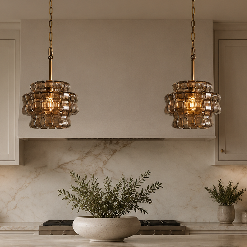 Virelune layered glass mini pendant lights in a bright kitchen