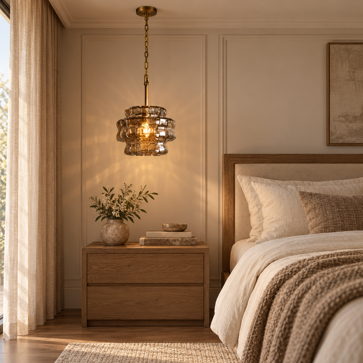 Virelune antique bronze and amber glass pendant above a bedside cabinet