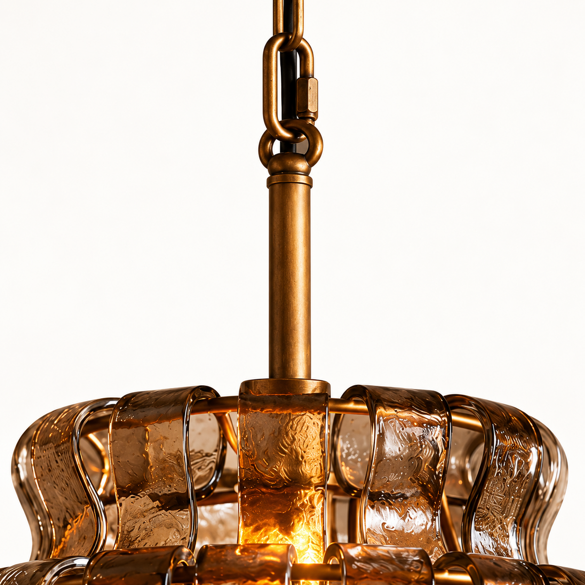 Close-up of Virelune antique bronze chain, stem and glass attachment
