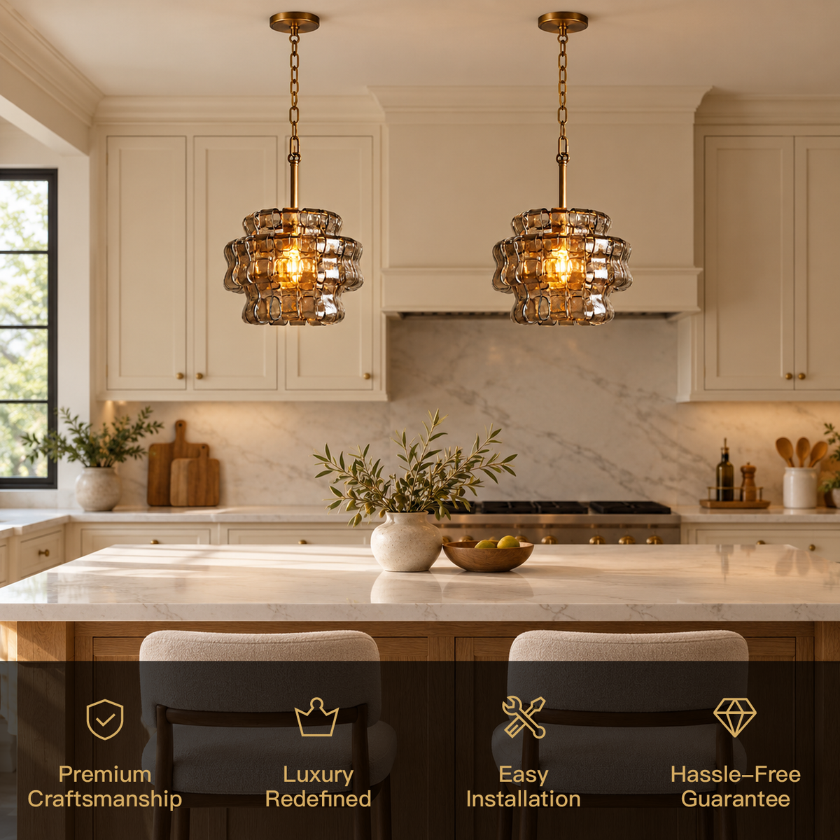Virelune mini pendant craftsmanship and installation highlights in a double-pendant kitchen island setting