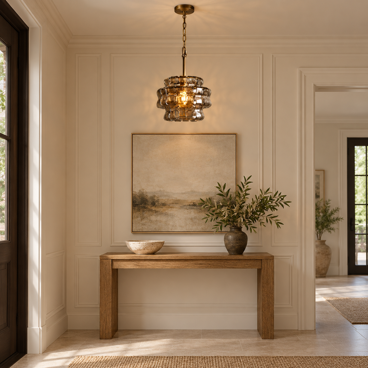 Virelune antique bronze and amber glass pendant in a welcoming foyer