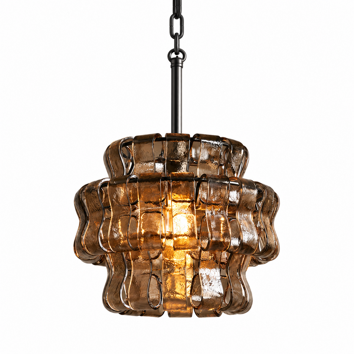 CH570-C gunmetal black metal and amber rippled glass pendant