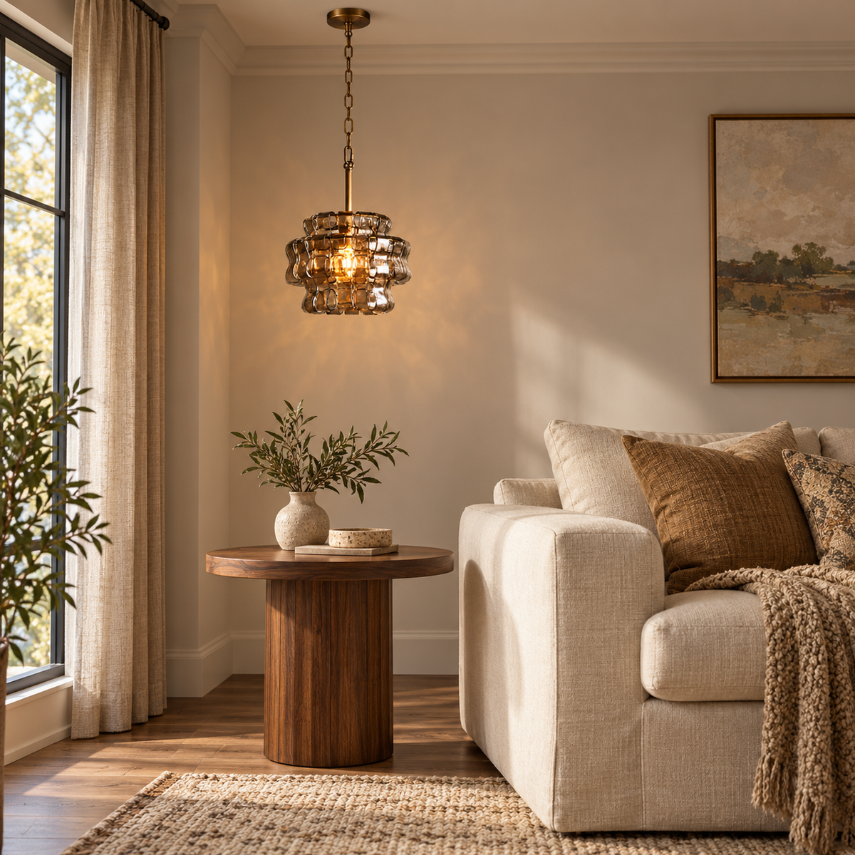 Virelune antique bronze and amber glass pendant in a living room corner