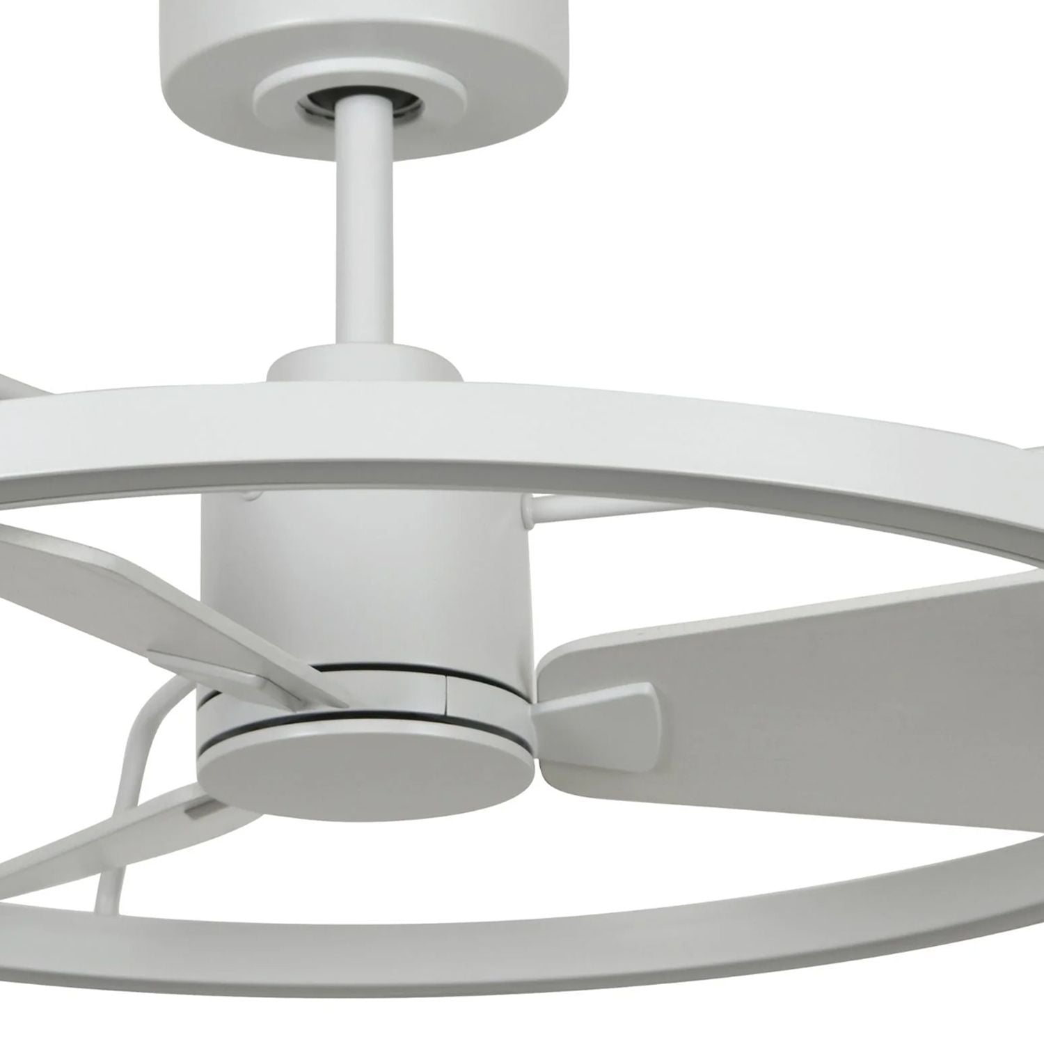 close up detail of white ceiling fan with led ring light and blade design