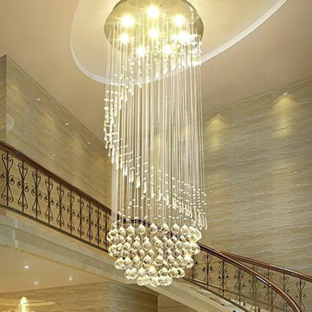 Single Spiral Hemisphere Rain Drop Crystal Chandelier - Staircase Ceiling Light - Staircase