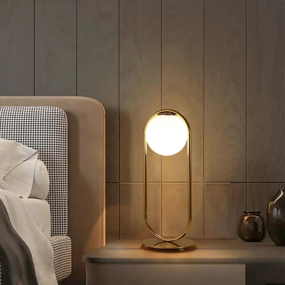 Gold Frame White Glass Globe Table Lamp -  Simple design - Bedroom