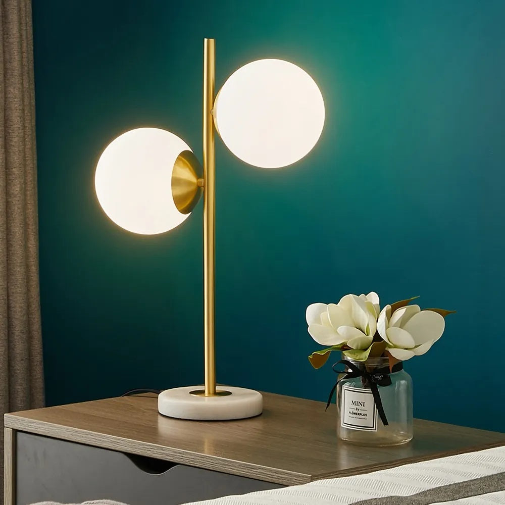 Modern Marble Base Gold Frame Two Globe White Glass Table Lamp - Living Room