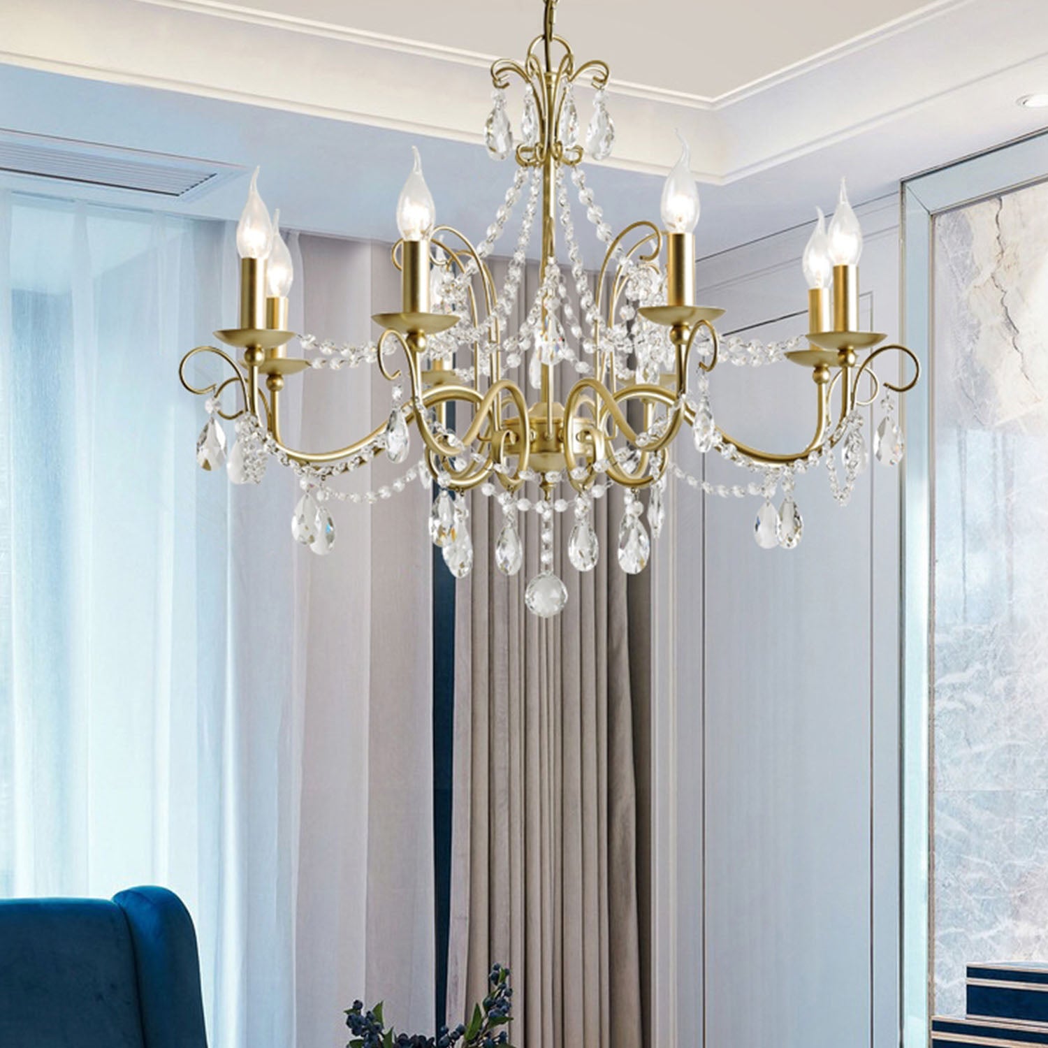 Gold Metal Candle Style Crystal Chandelier - 6 Light