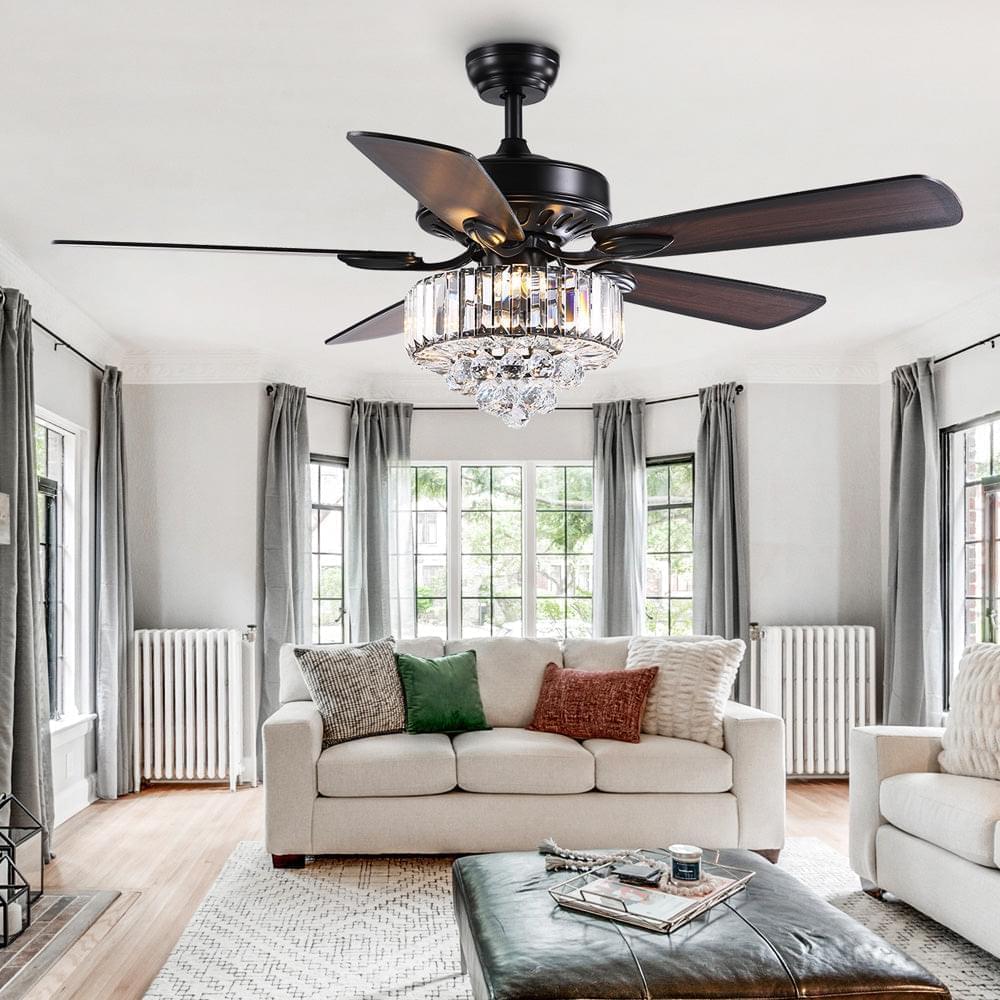 5 Black Blades Clear Crystal Ceiling Fan with Light and Remote Control for  Living Room
