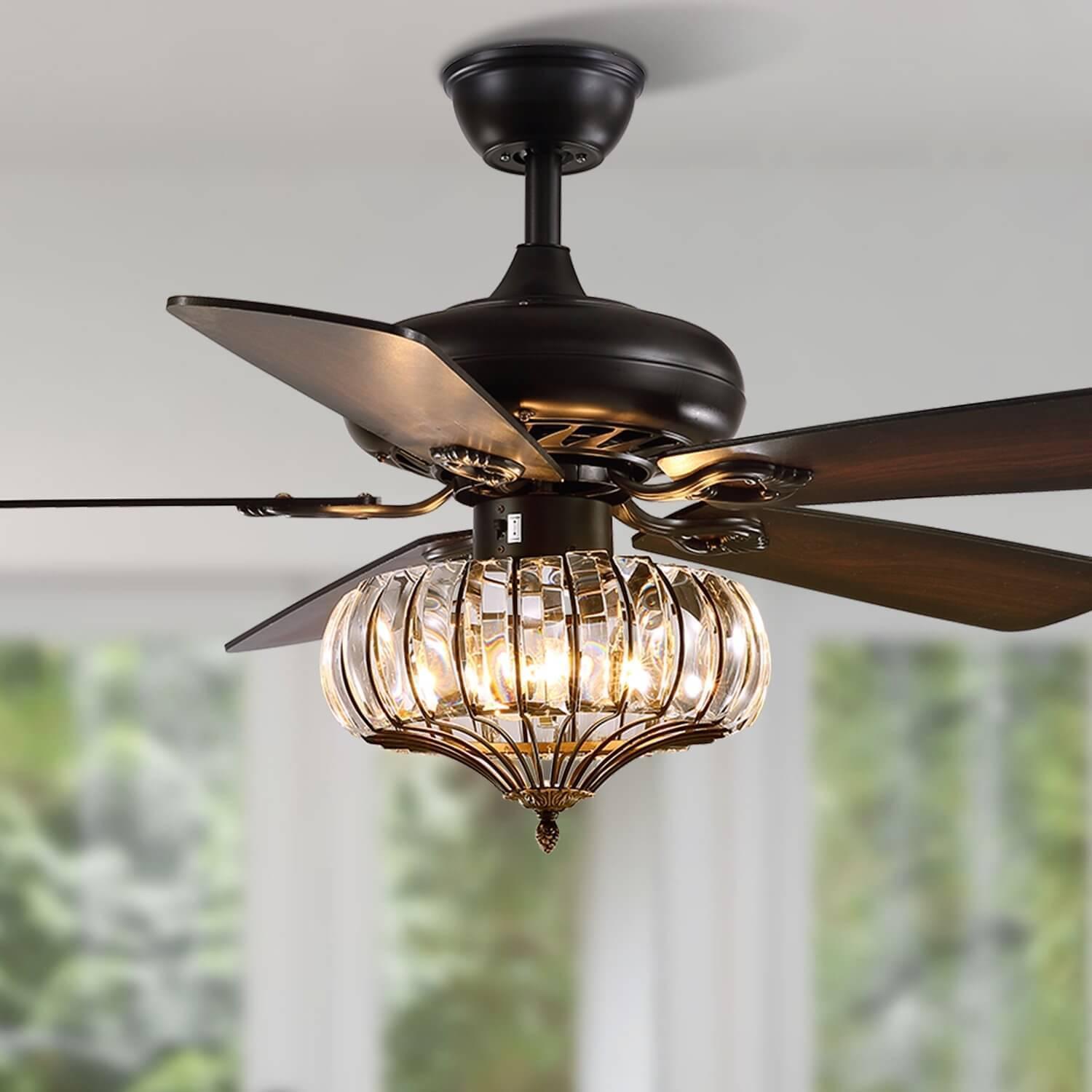 5 - Blade Black Metal Crystal Ceiling Fan With Remote Control