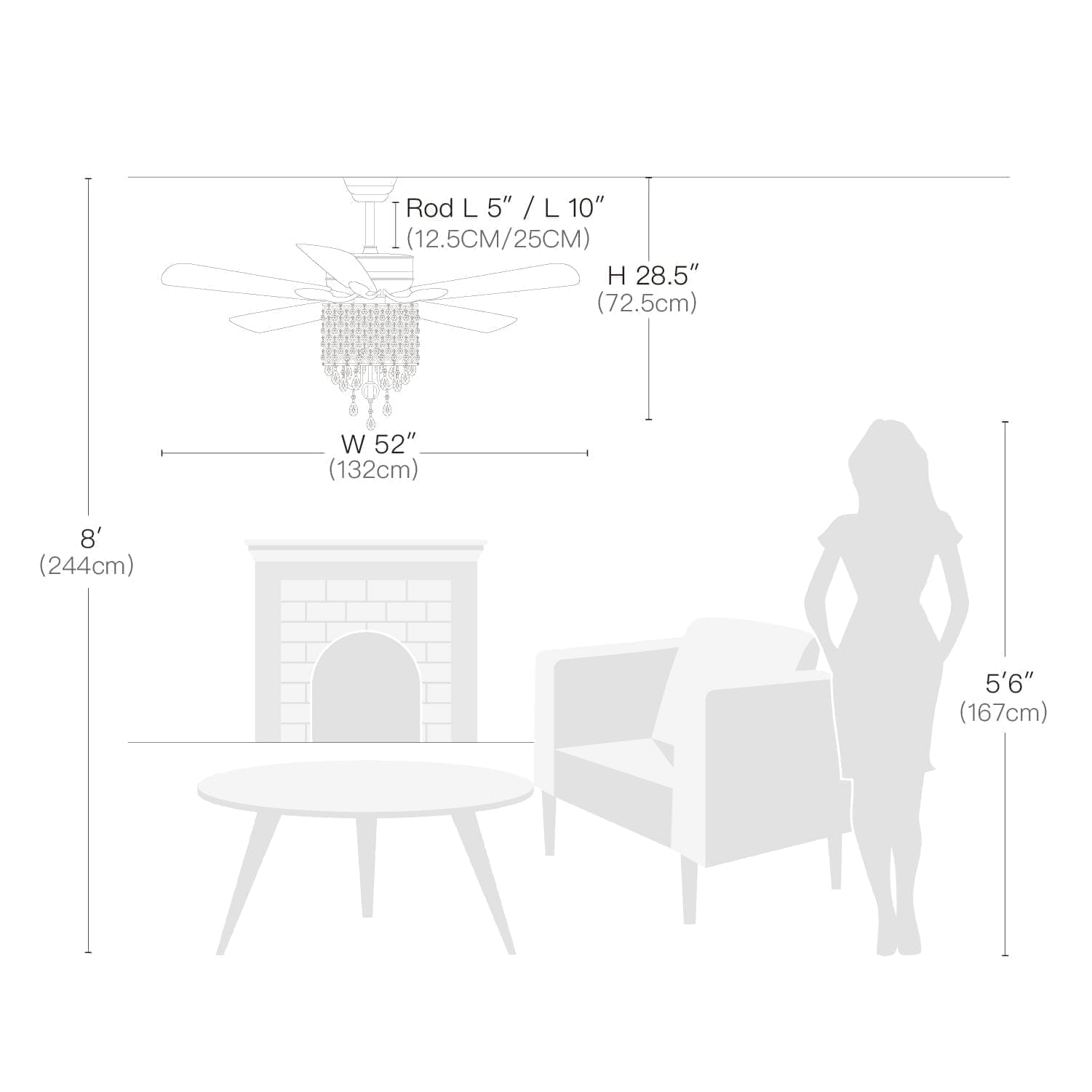 5 - Blade Candle Style Crystal Ceiling Fan with Remote Control