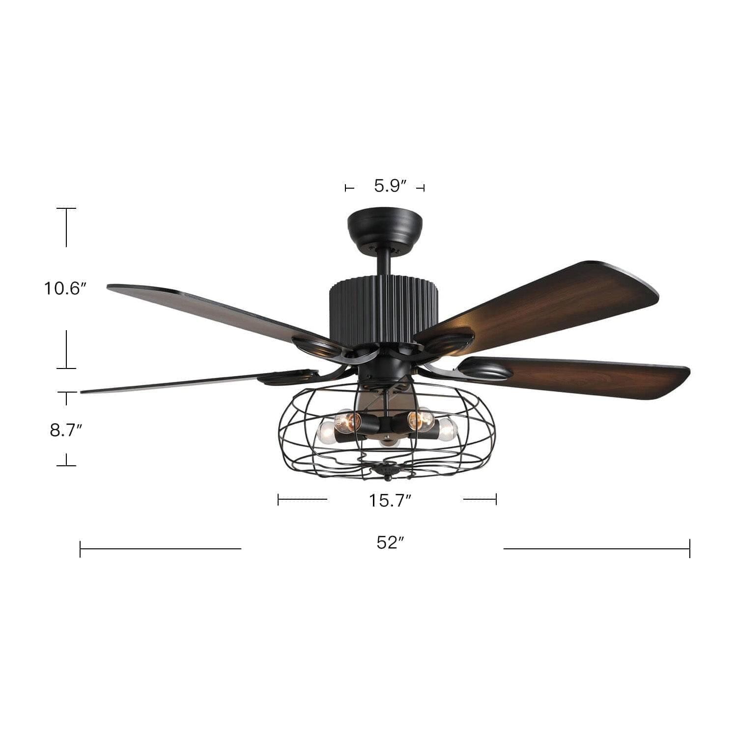 5 - Blade Industrial Caged Ceiling Fan With Remote Control - Size Dimension | Sofary
