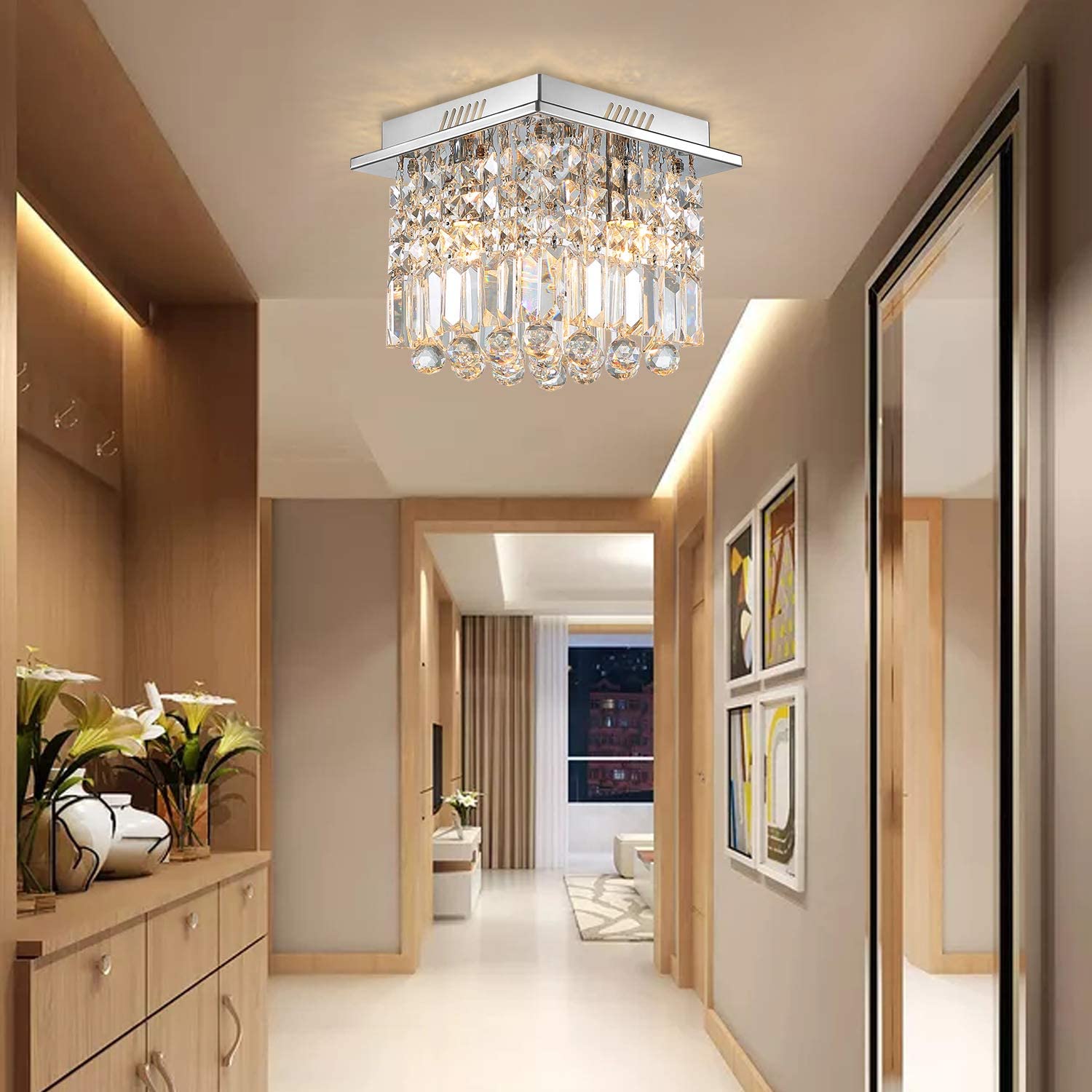 Small Square Hallway Crystal Chandelier - Ceiling Light