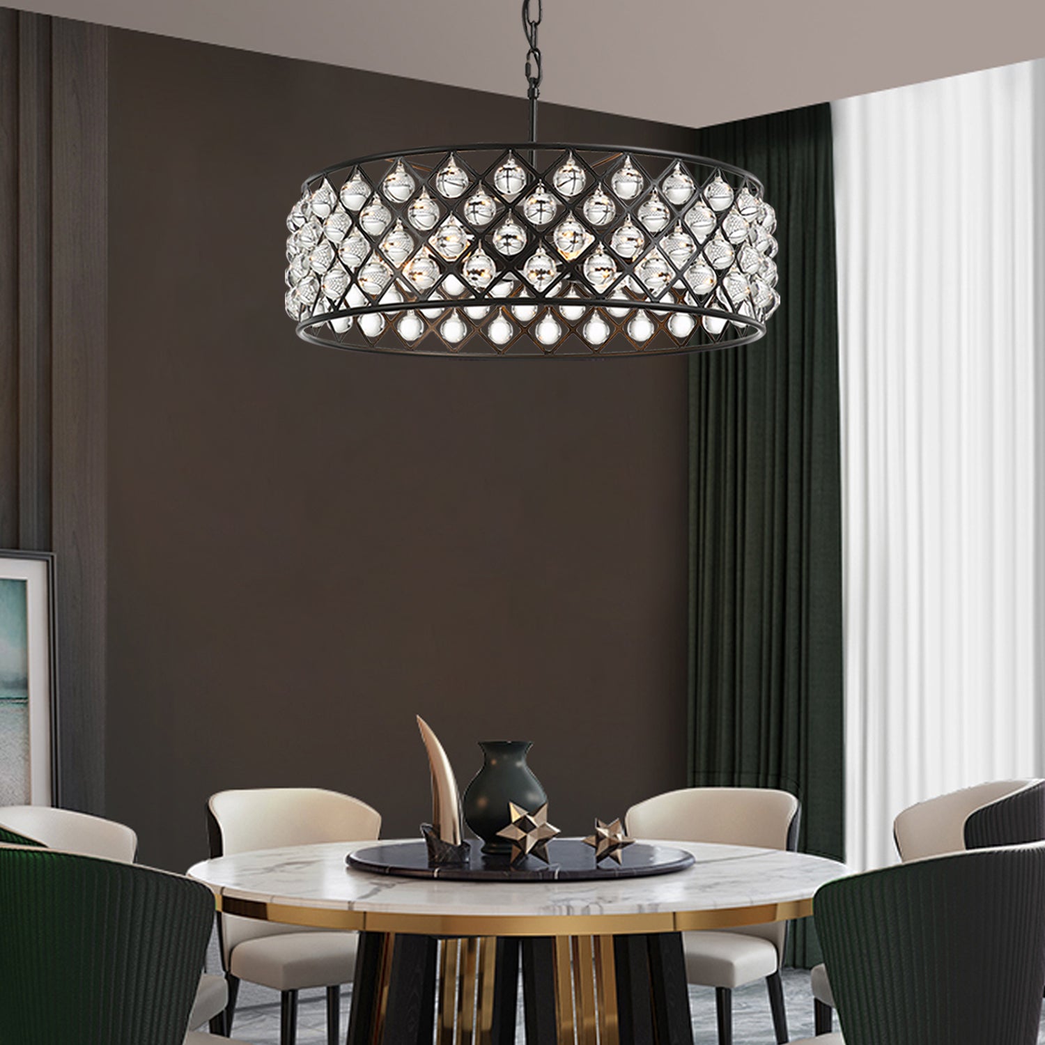 Black Drum Shape Crystal Chandelier - Pendant Light - Dining room | Sofary