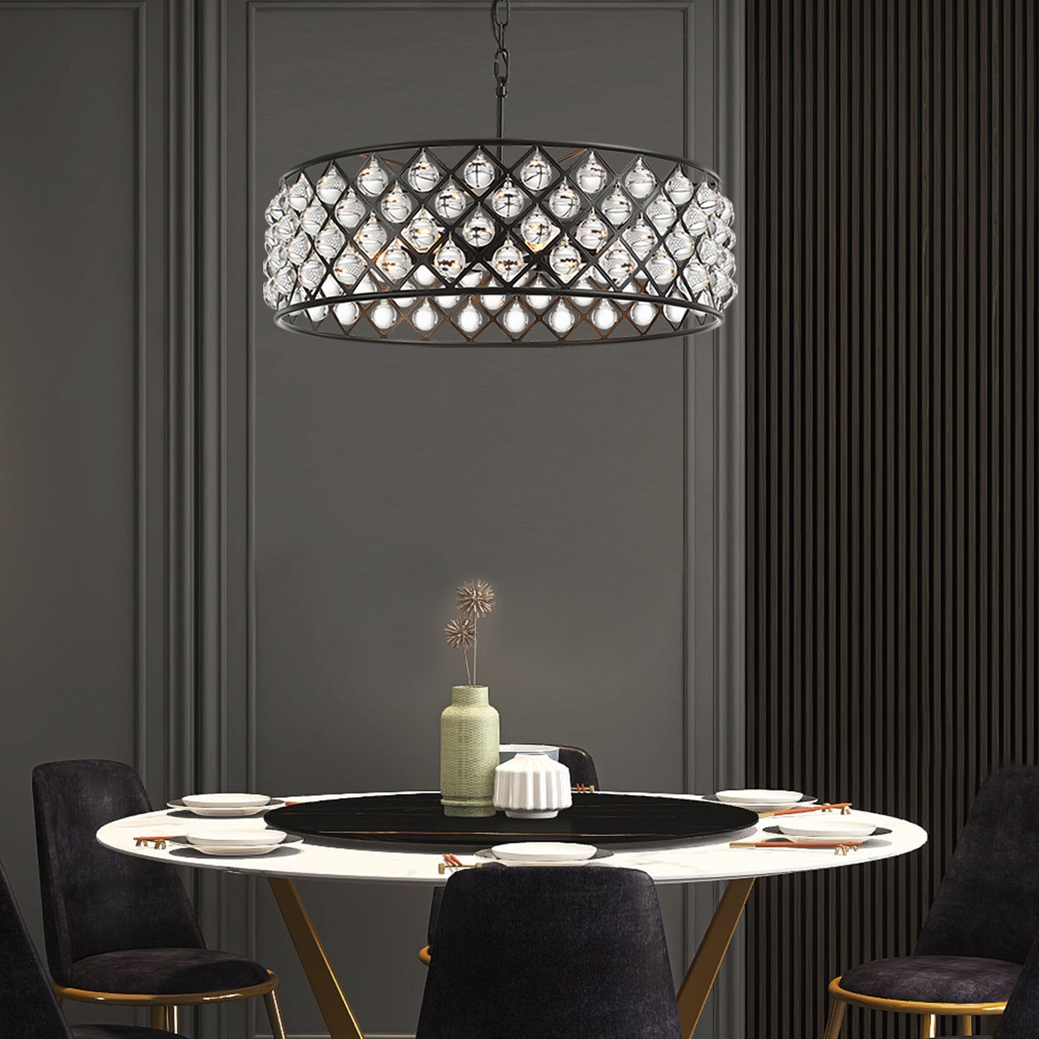 Black Drum Shape Crystal Chandelier - Pendant Light - Dining room | Sofary