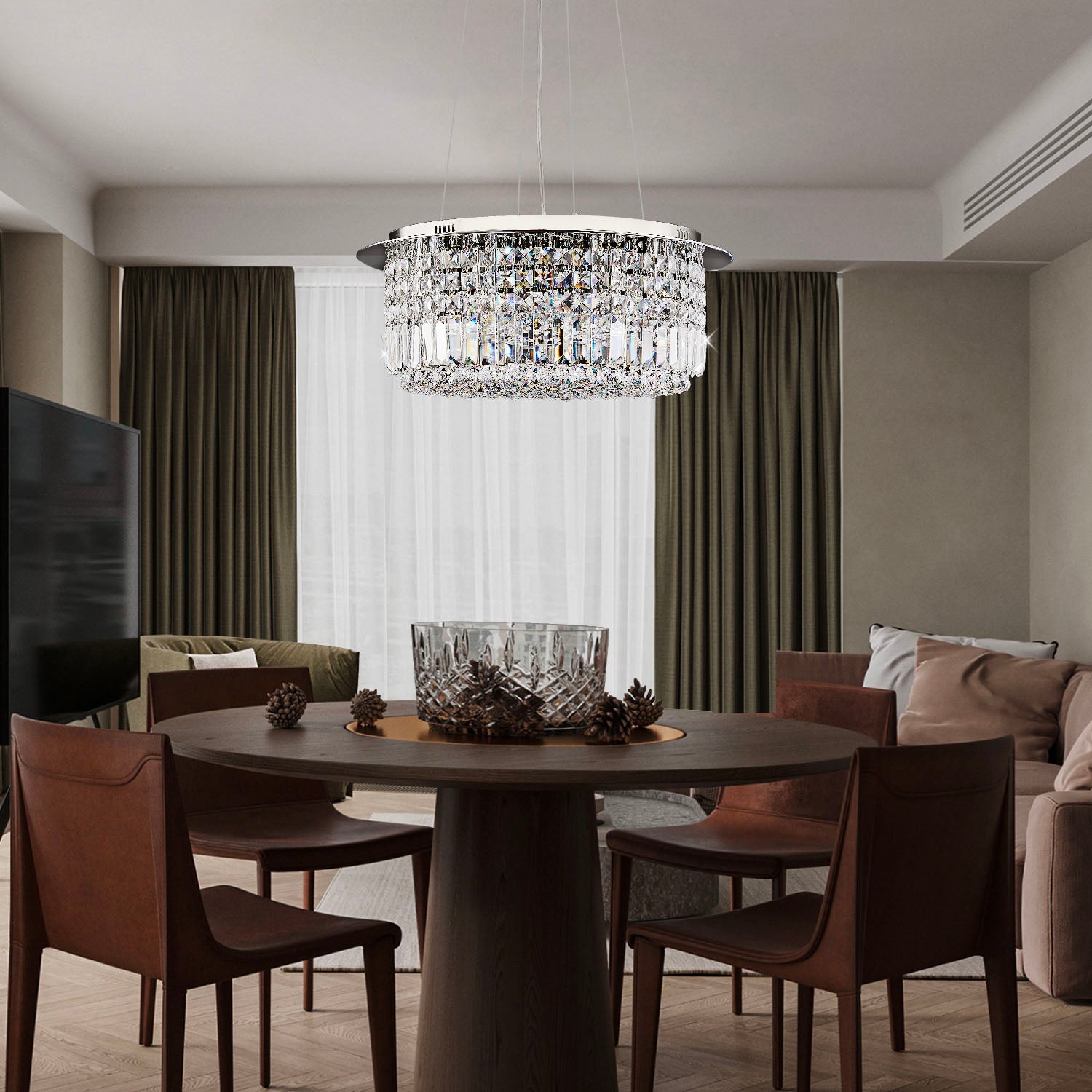 Modern Round Drum Crystal Chandelier - Dining Room | Sofary