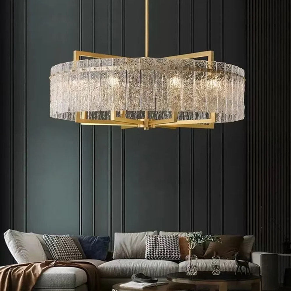 Round Brass Drum Adjustable Chandelier - Living Room - Crystal Chandelier