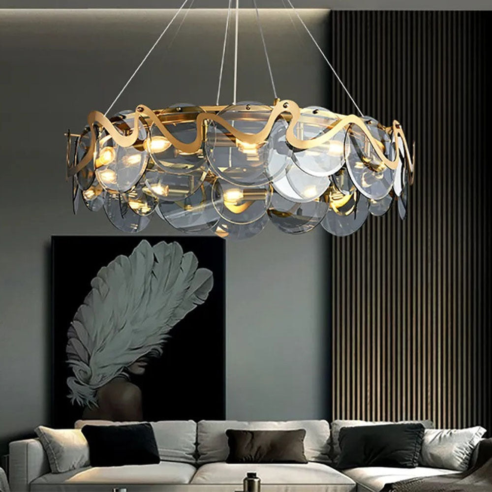 Smokey Gray Glass Chandelier - Modern Water- ripple Design - Living Room