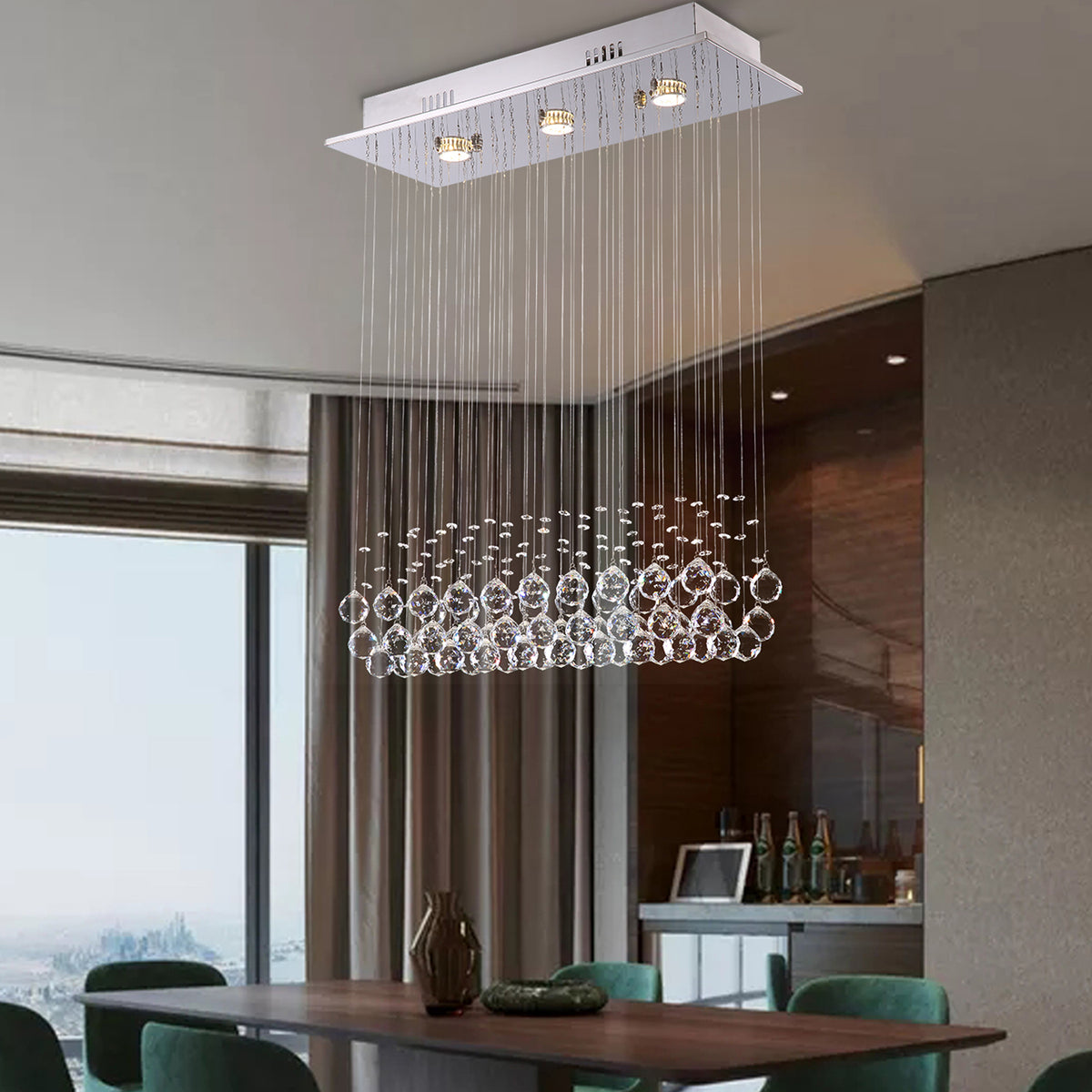 Modern Rectangular Crystal Ball Chandelier for Dining Room