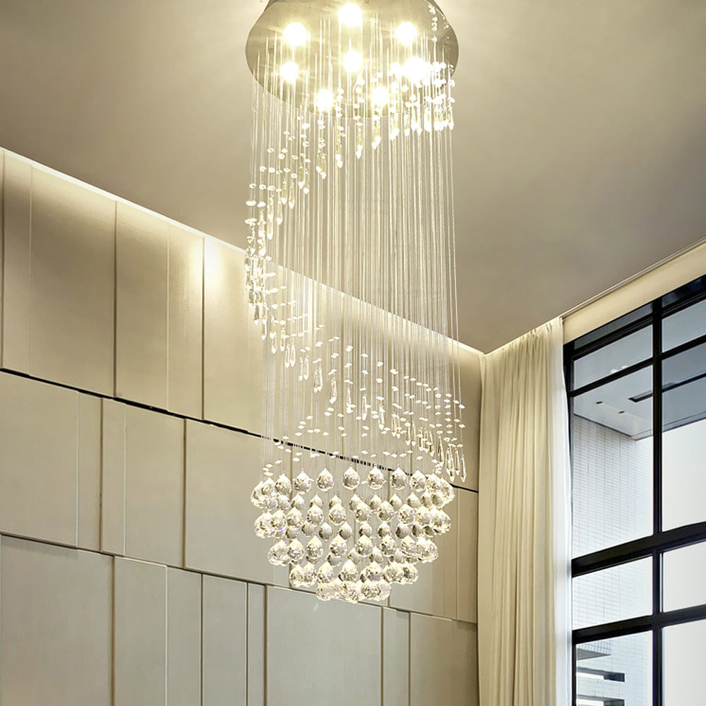 Single Spiral Hemisphere Rain Drop Crystal Chandelier - Living Room