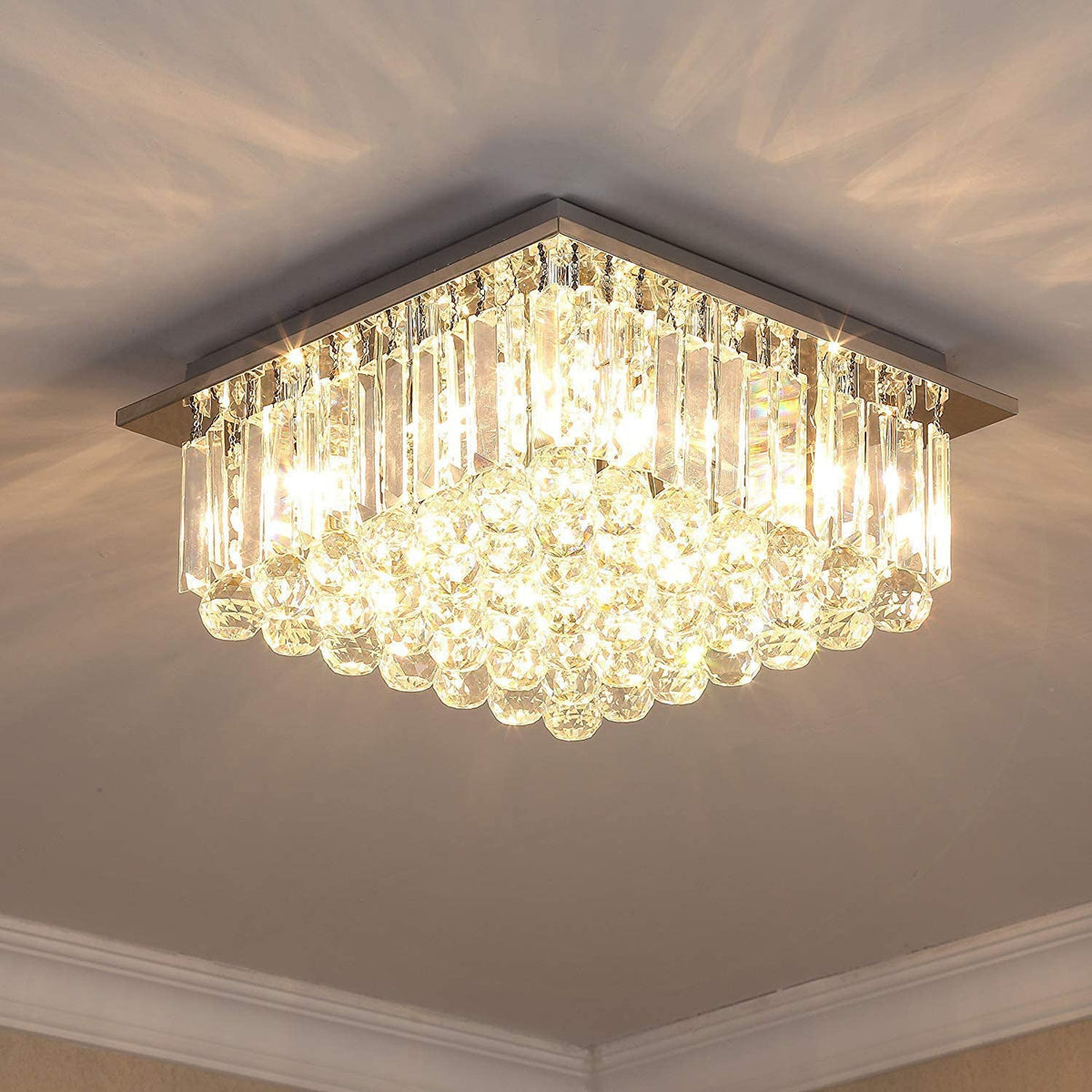 Square Rain Drop Crystal Ceiling Light - Contemporary Lighting Fixture 