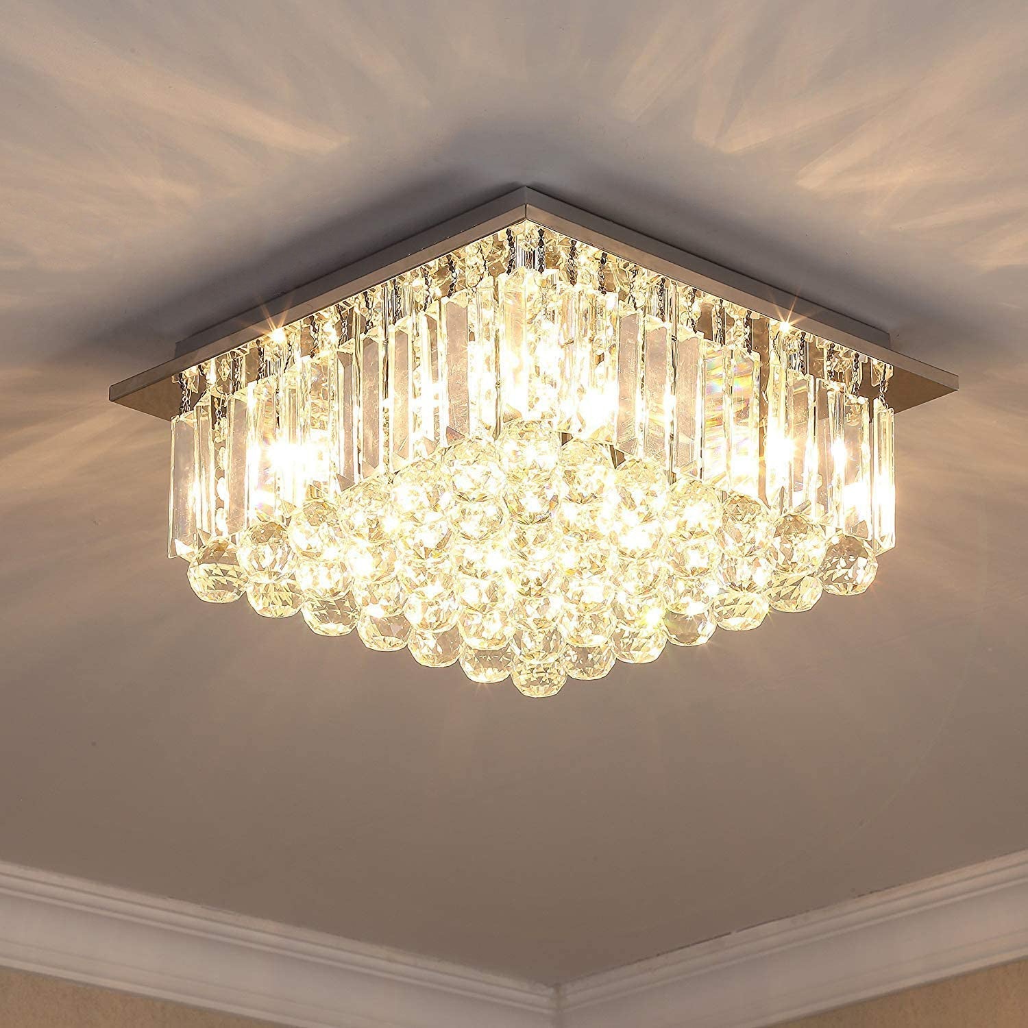 Square Rain Drop Crystal Ceiling Light - Contemporary Lighting Fixture 