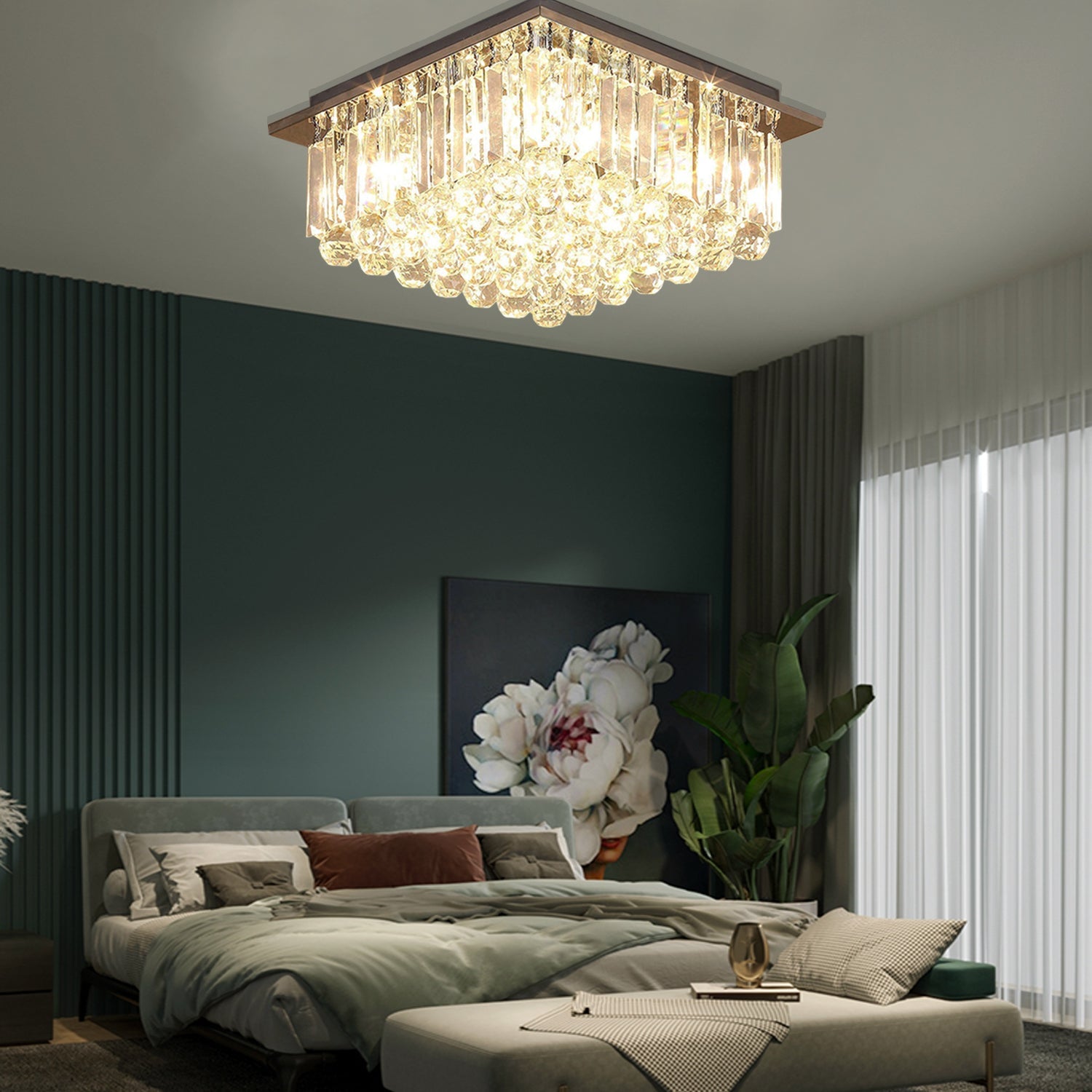 Square Rain Drop Crystal Ceiling Light - Contemporary Lighting Fixture 