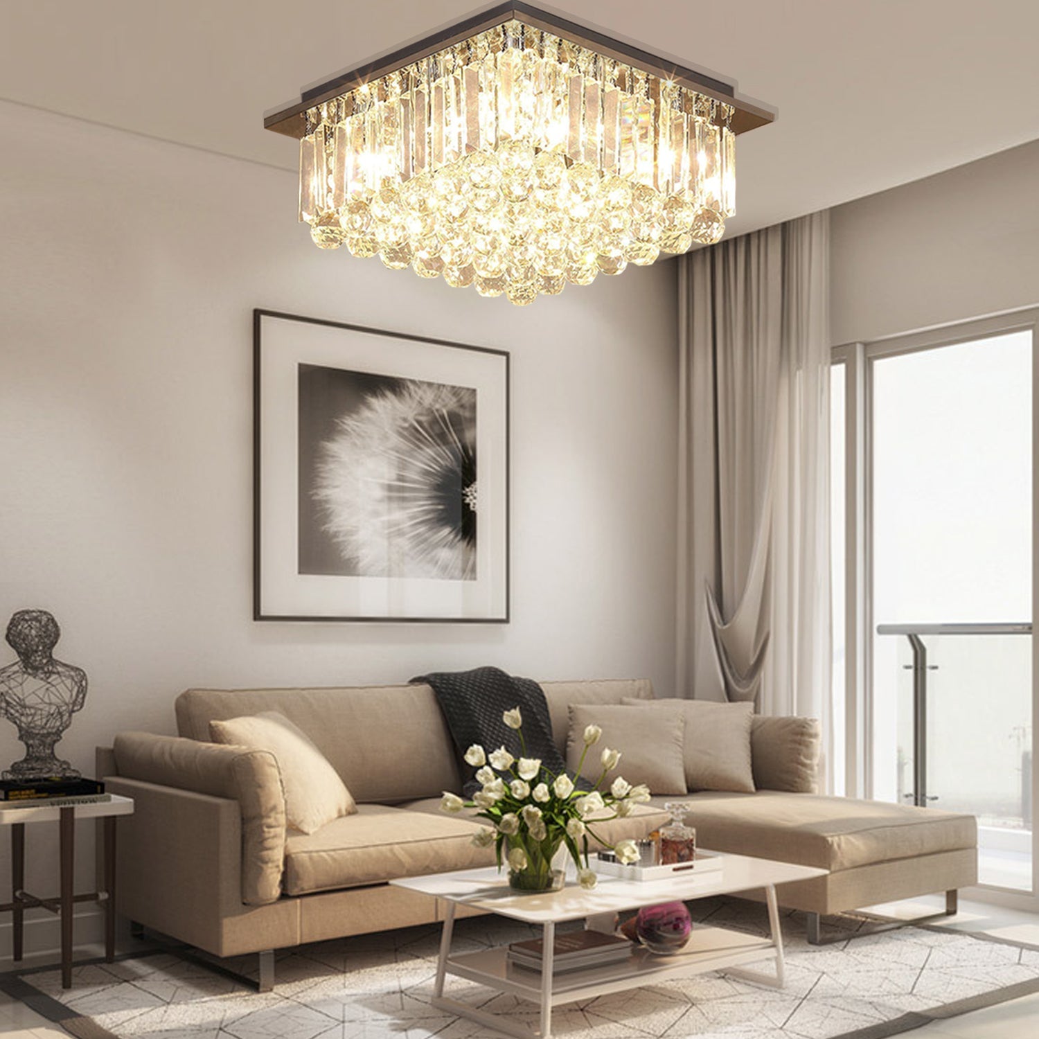 Square Rain Drop Crystal Ceiling Light - Contemporary Lighting Fixture - Living Room